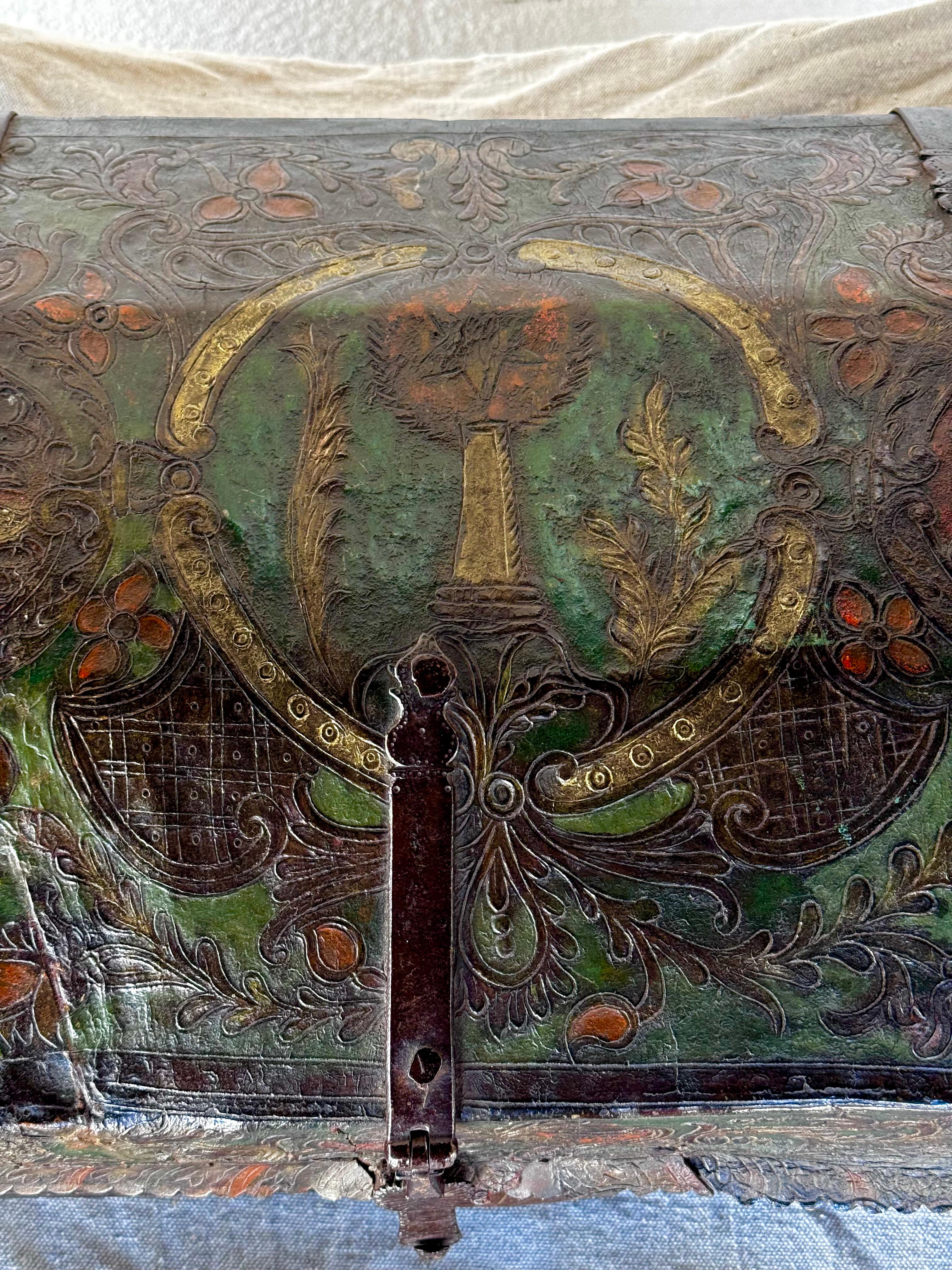 Spanish Colonial Tooled And Painted Leather Trunk 5