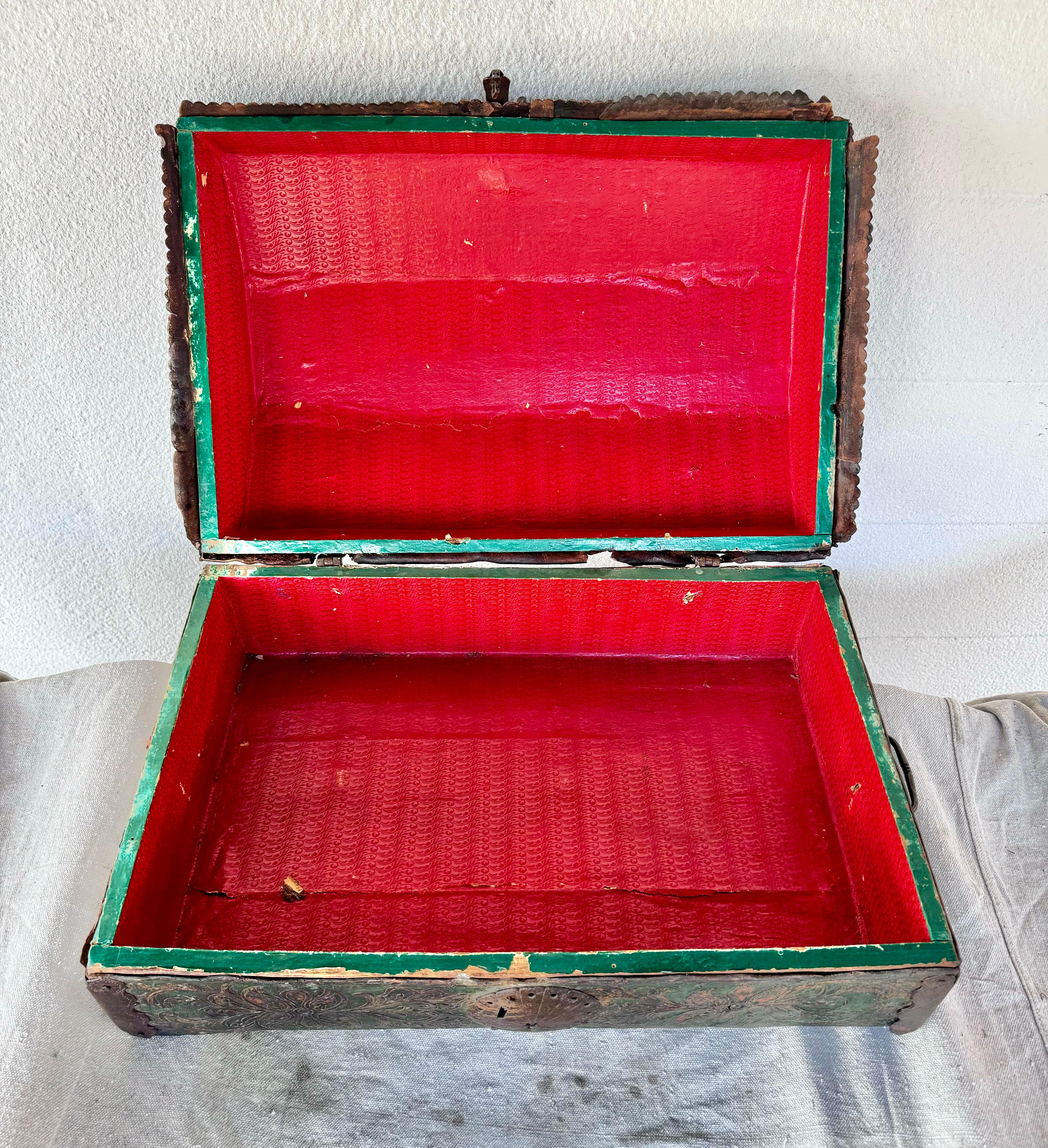 Spanish Colonial Tooled And Painted Leather Trunk 7