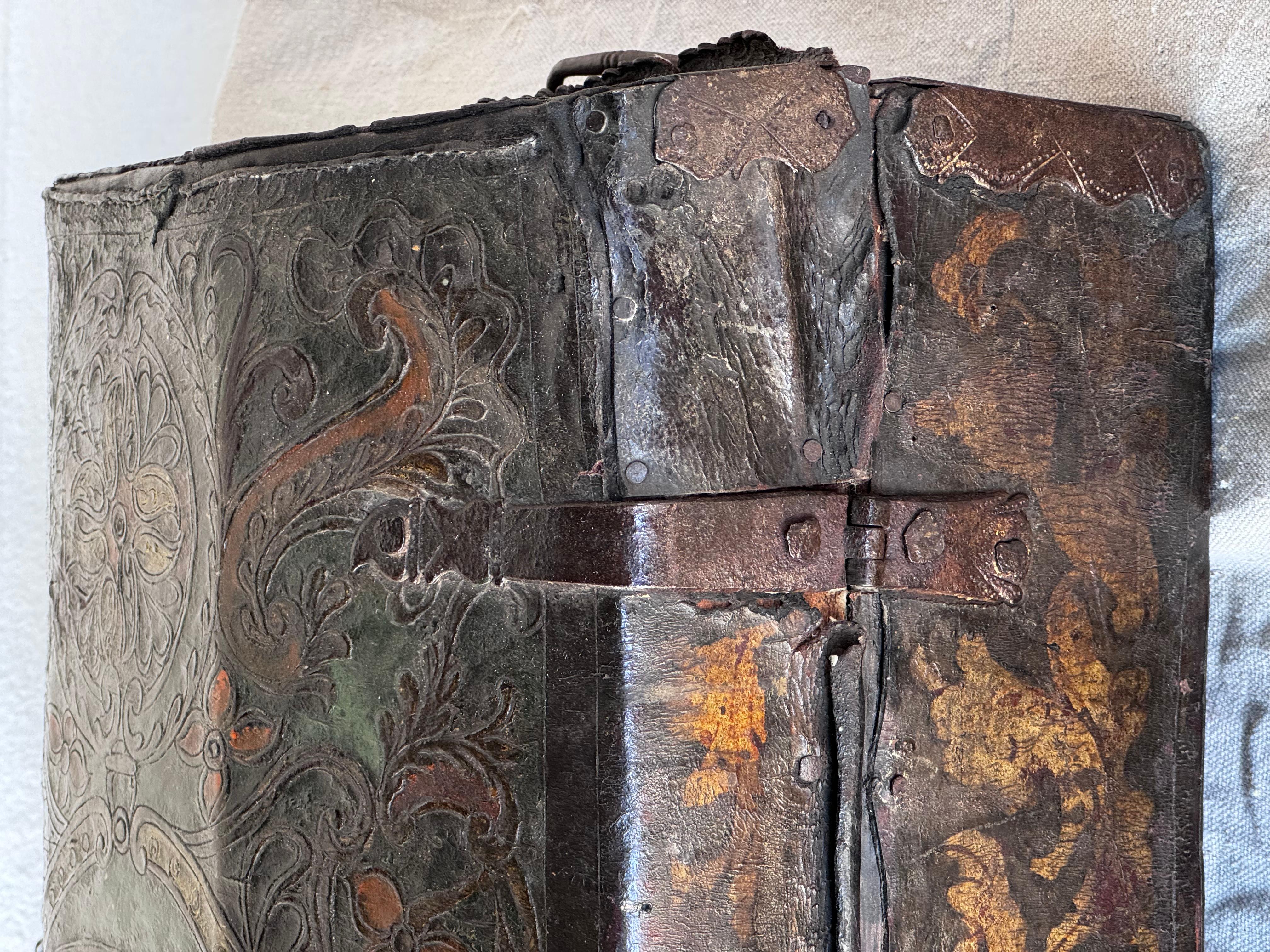 Polychromed Spanish Colonial Tooled And Painted Leather Trunk