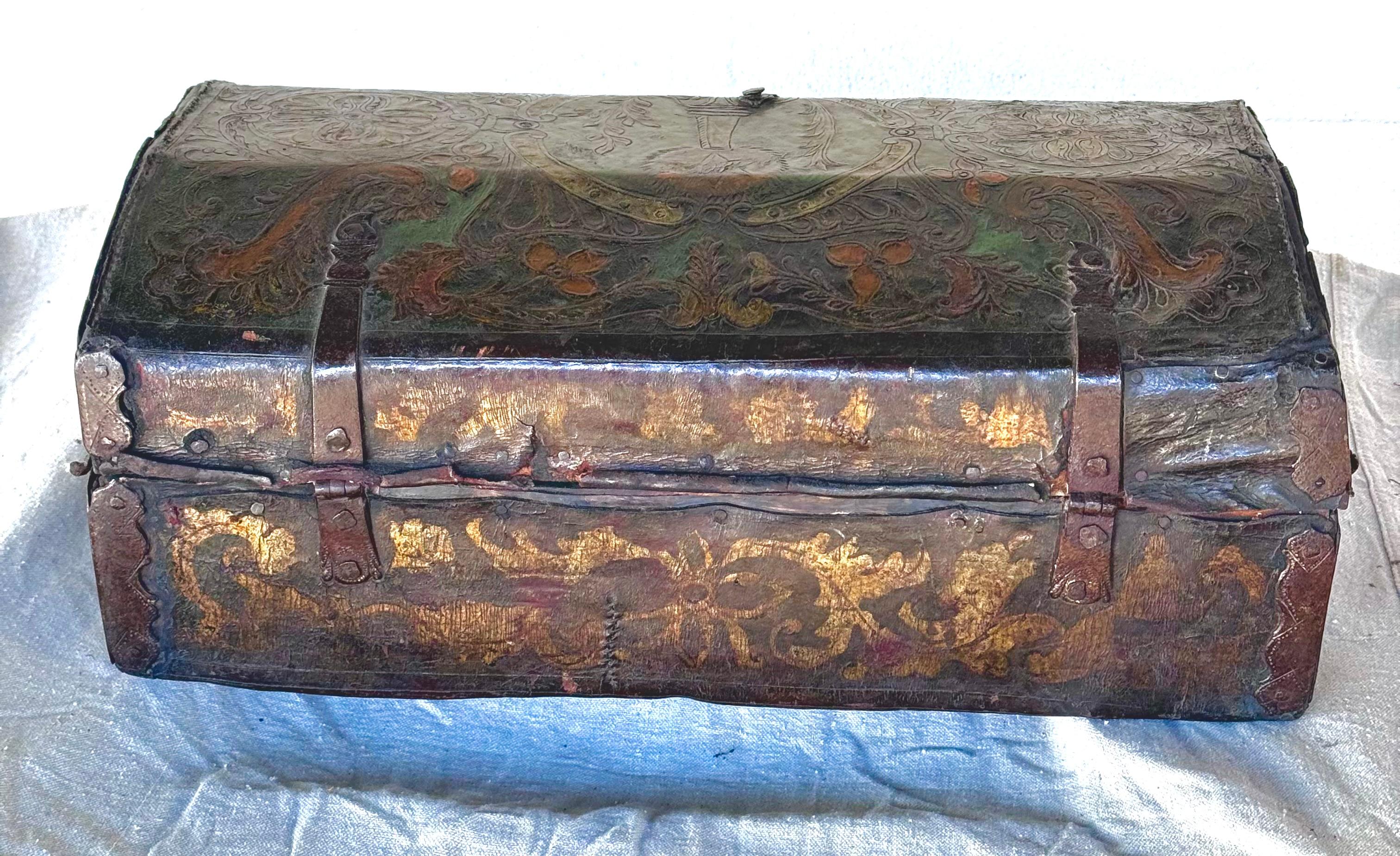 Spanish Colonial Tooled And Painted Leather Trunk In Good Condition In Bradenton, FL