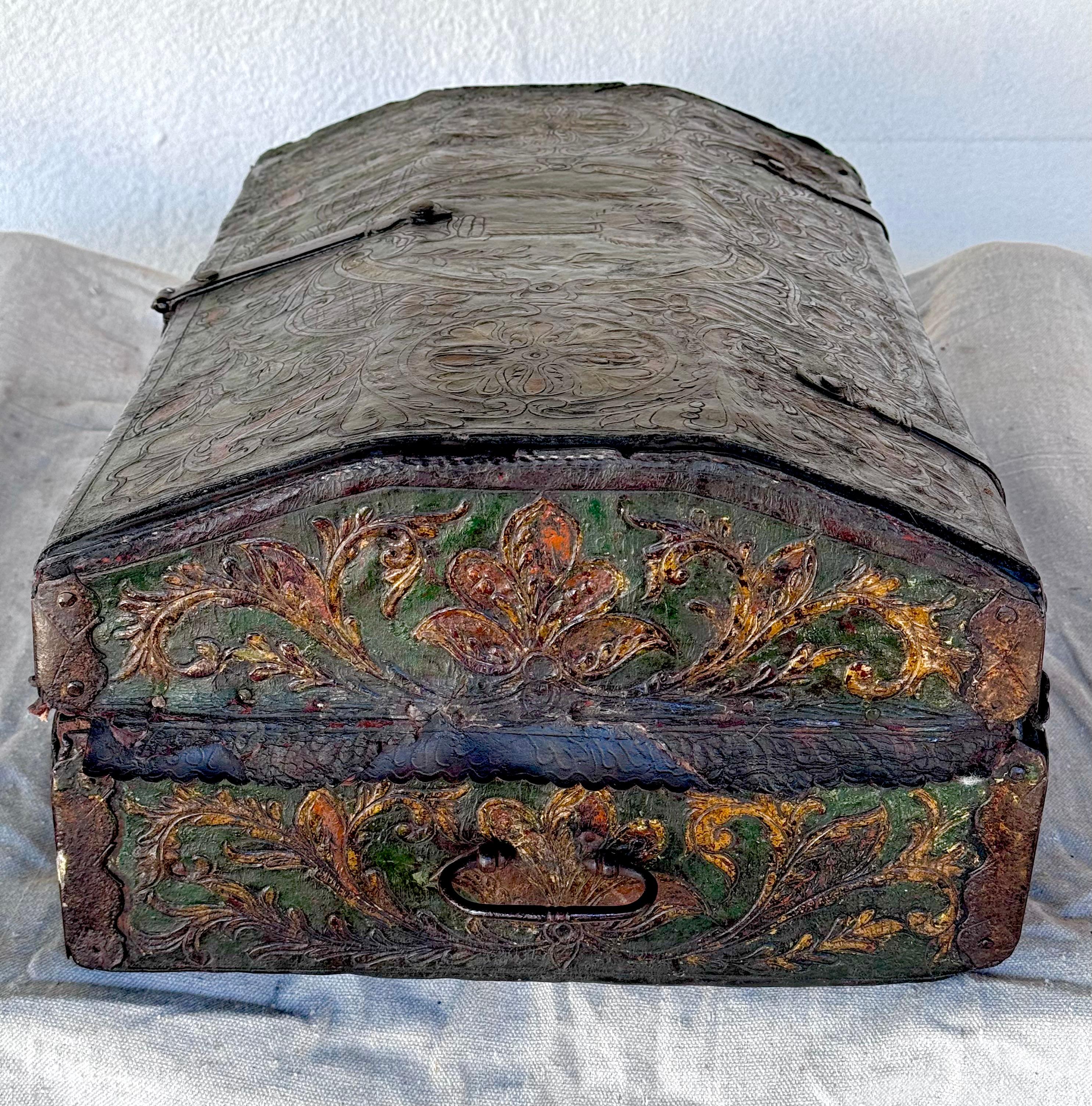 18th Century and Earlier Spanish Colonial Tooled And Painted Leather Trunk