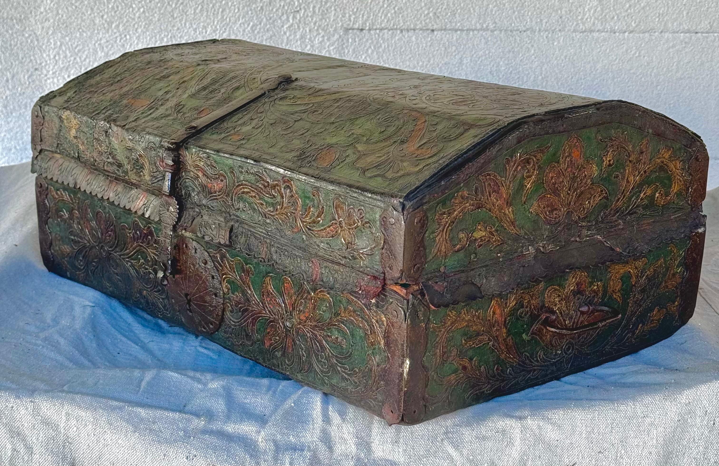 Spanish Colonial Tooled And Painted Leather Trunk 1