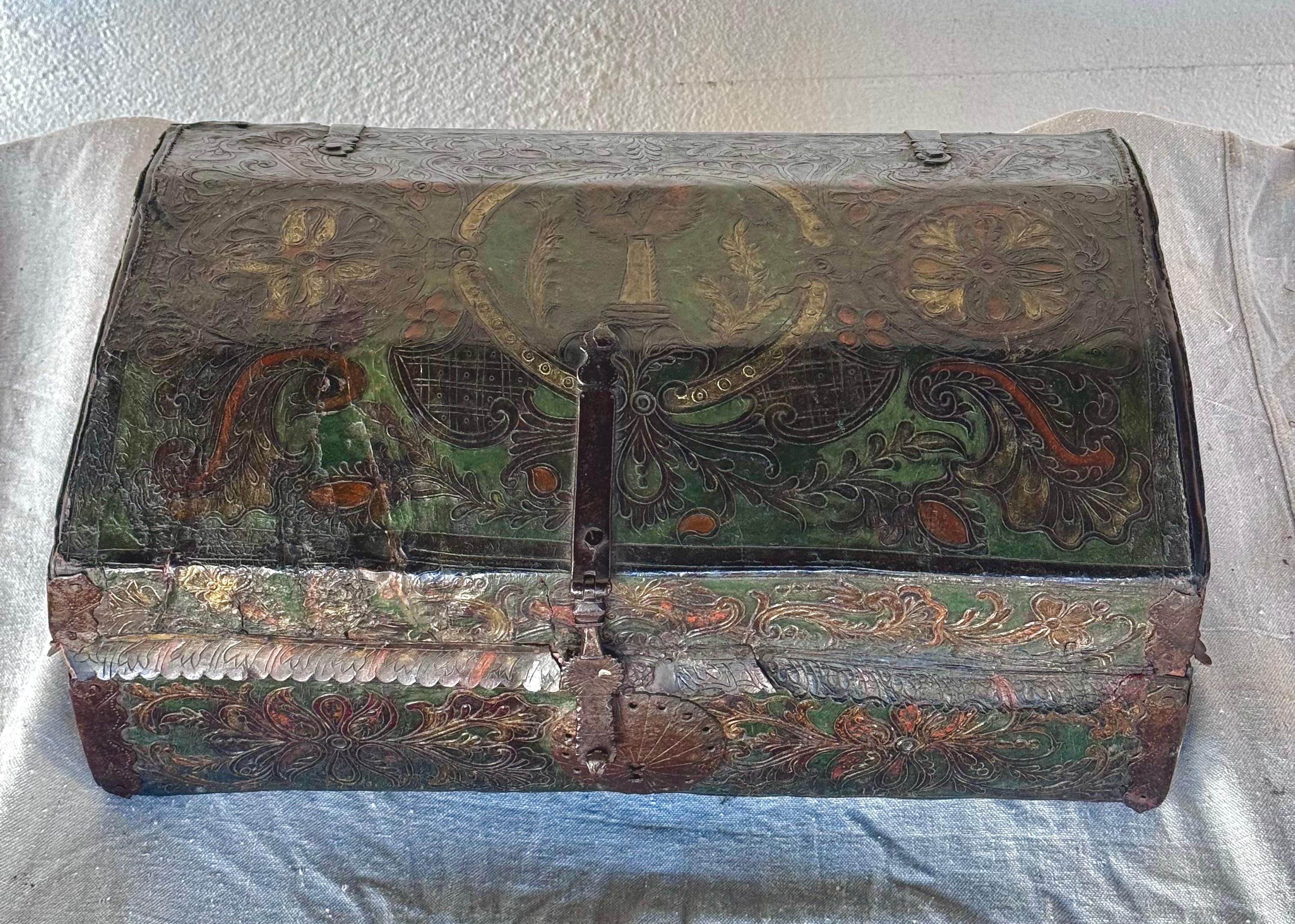 Spanish Colonial Tooled And Painted Leather Trunk 3