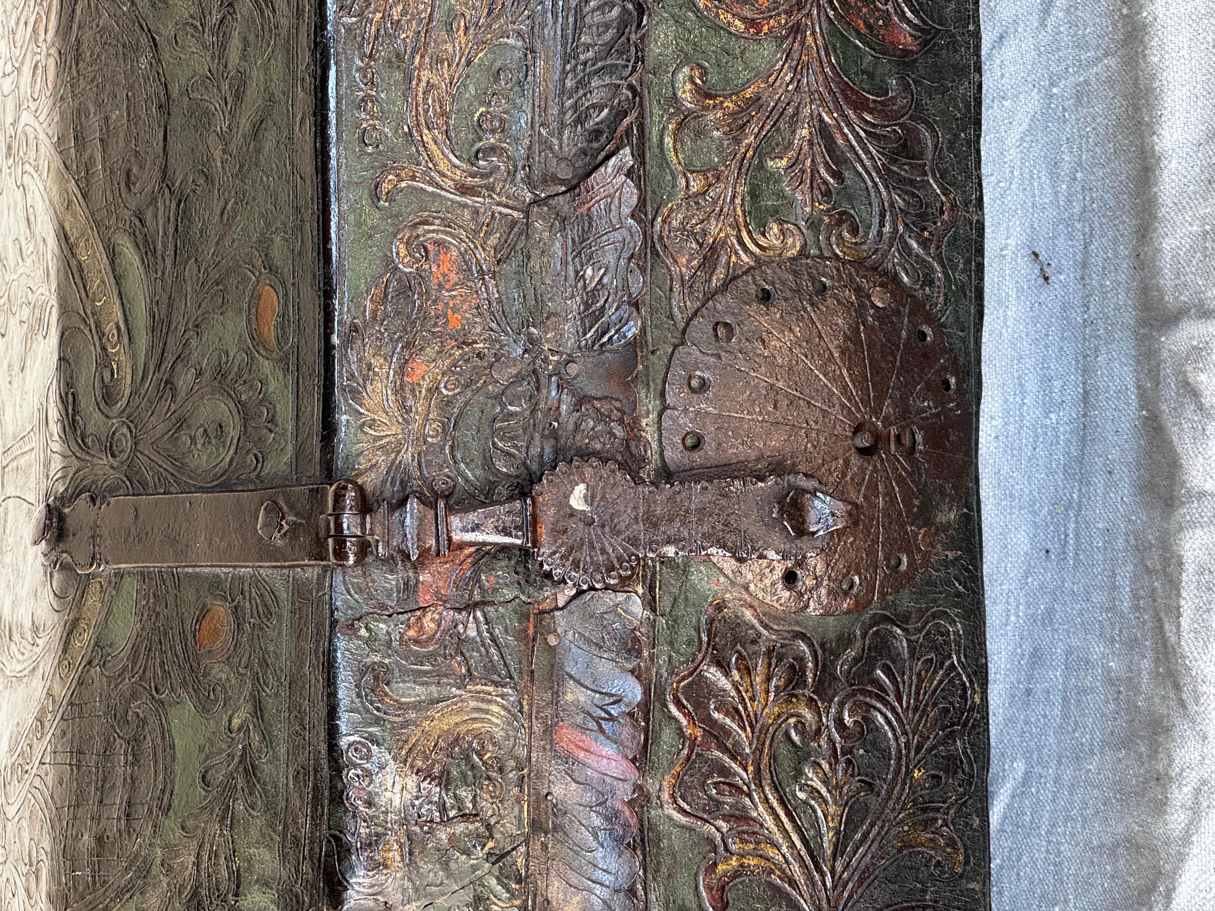 Spanish Colonial Tooled And Painted Leather Trunk 4