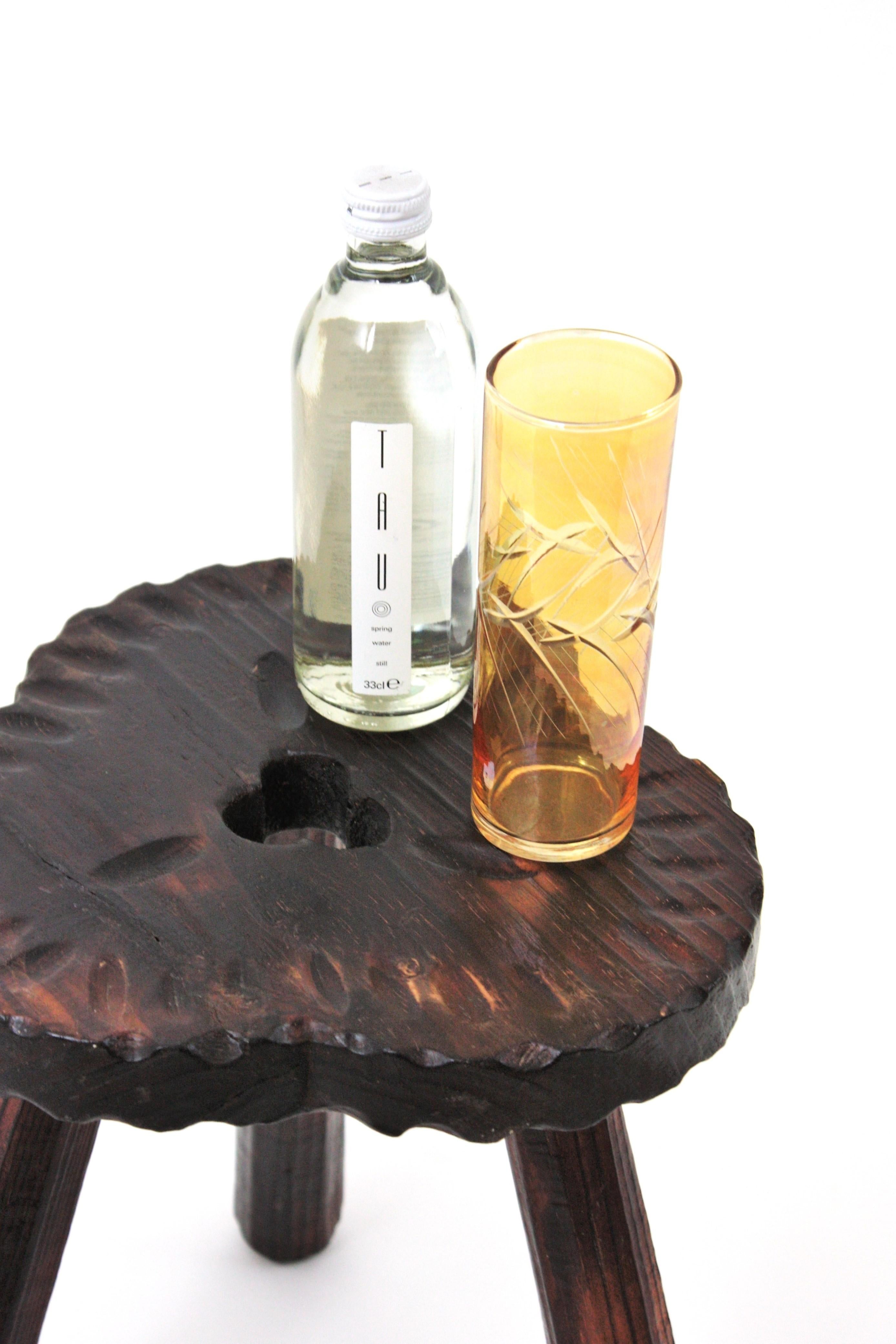 Spanish Colonial Tripod Stool / Side Table in Carved Wood, 1950s For Sale 9