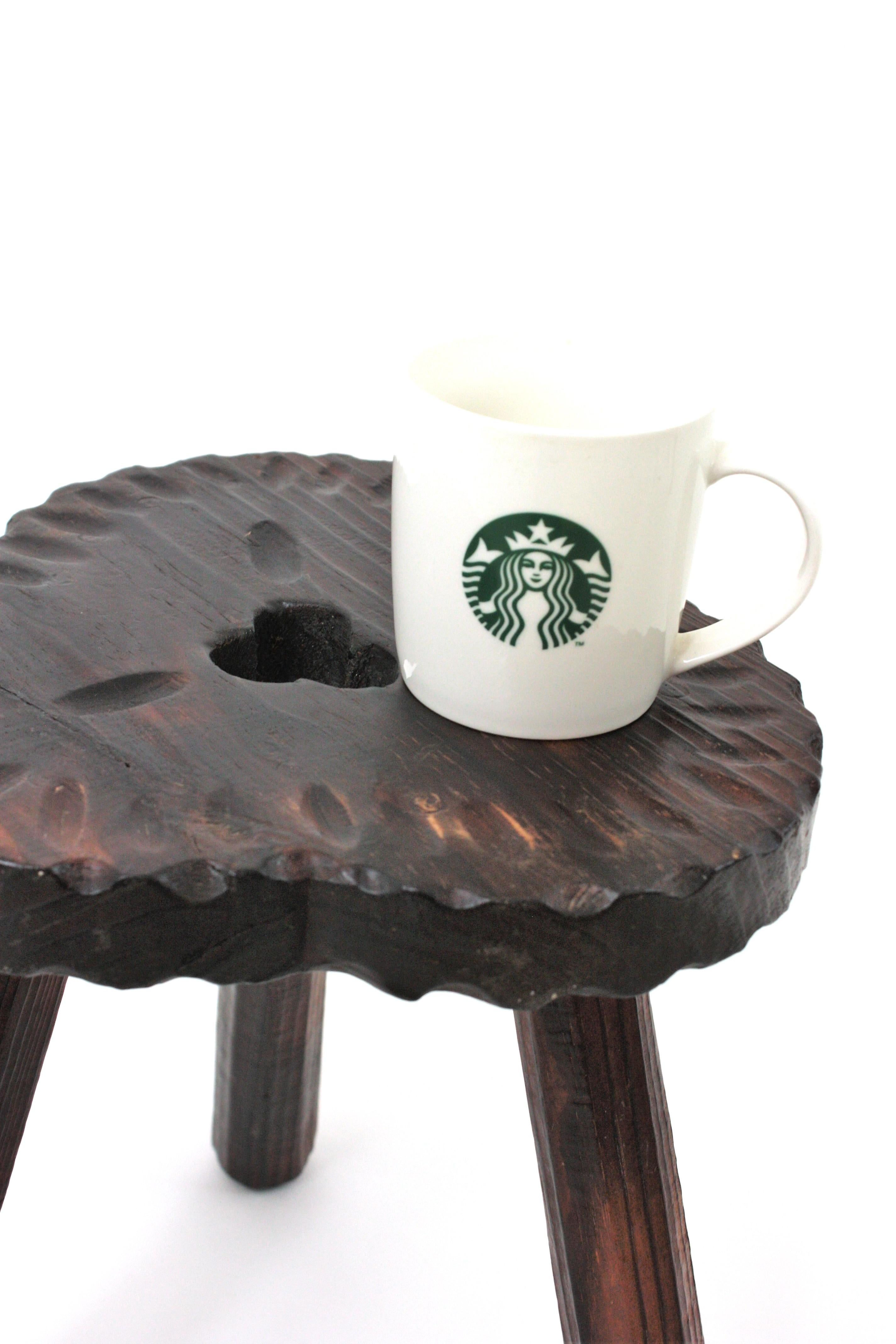 Spanish Colonial Tripod Stool / Side Table in Carved Wood, 1950s For Sale 13
