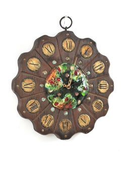 Reloj de pared colonial español / Decoración de pared en esmalte y madera, España, década de 1950