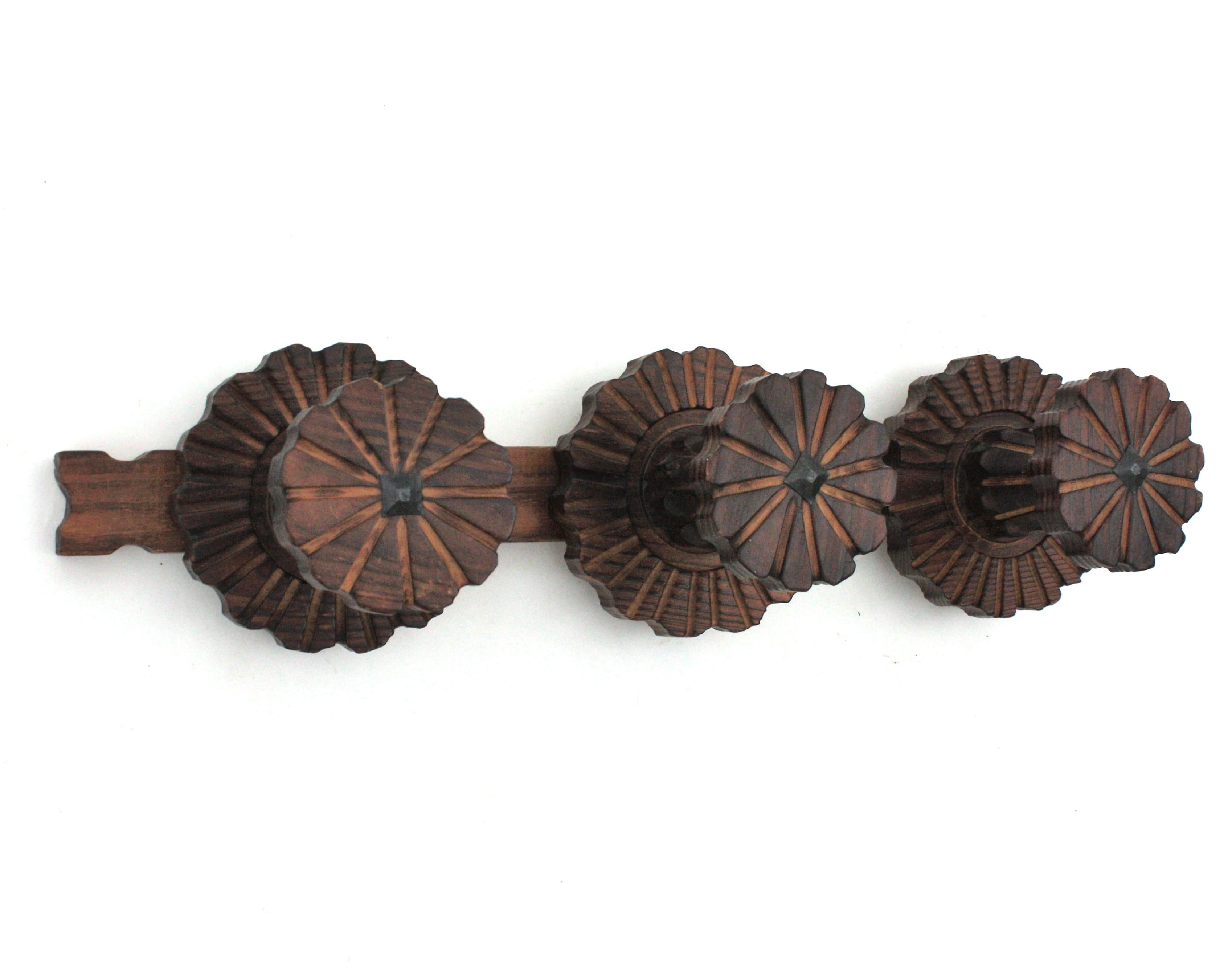 Hand-Carved Spanish Colonial Wall Coat Rack  in Carved Wood For Sale