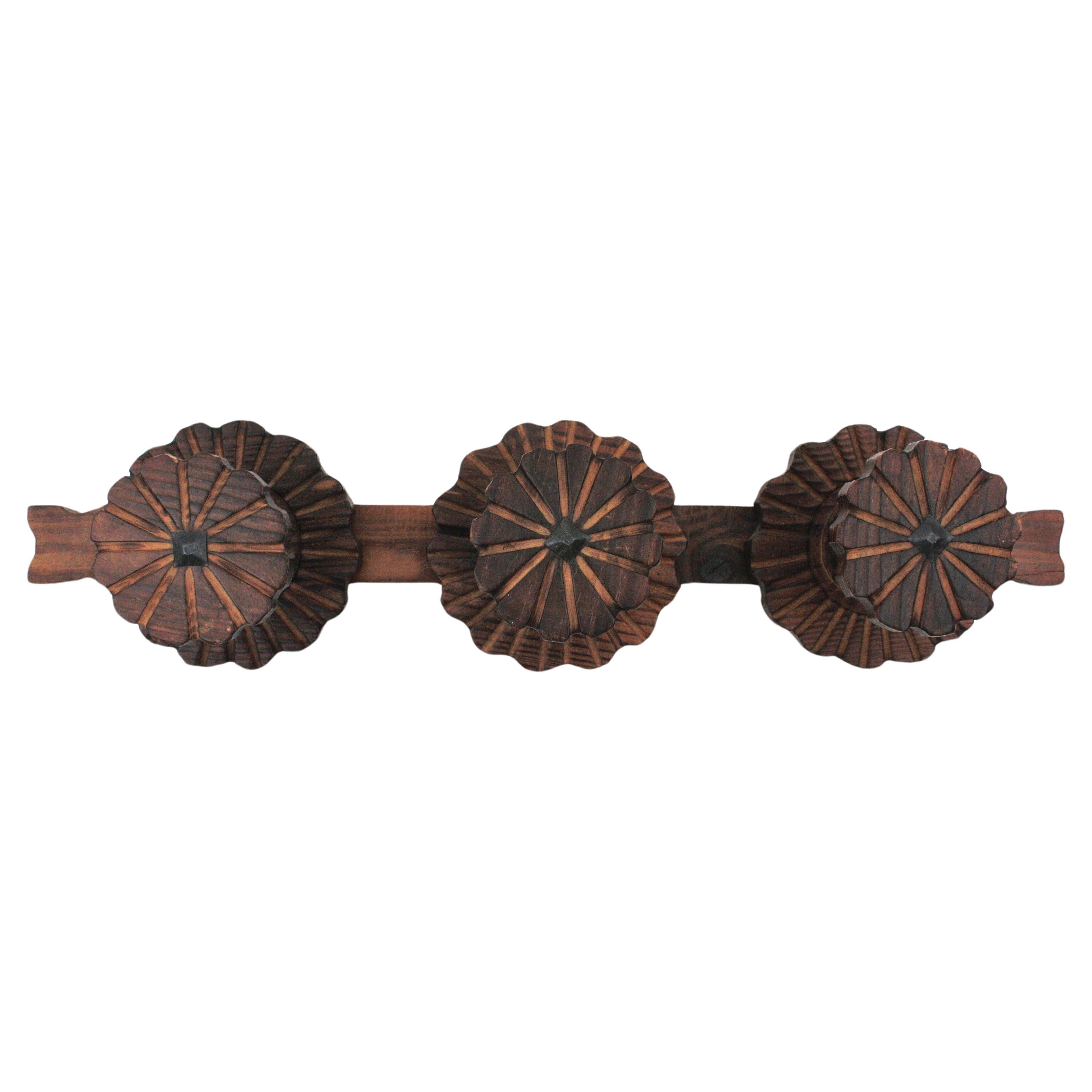 Spanish Colonial Wall Coat Rack  in Carved Wood For Sale
