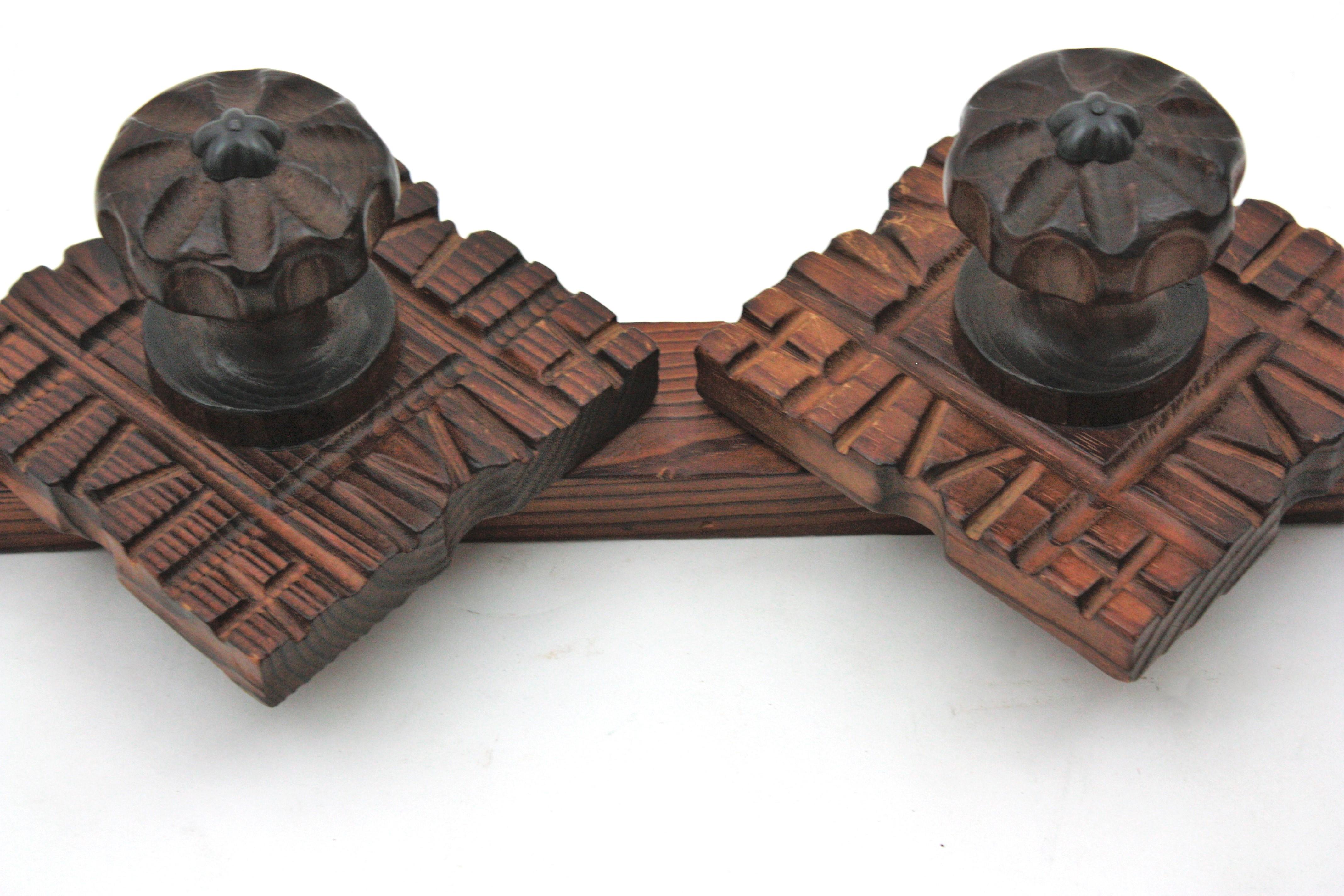 Hand-Carved Spanish Colonial Wall Coat Rack  in Carved Wood, Two Hangers For Sale