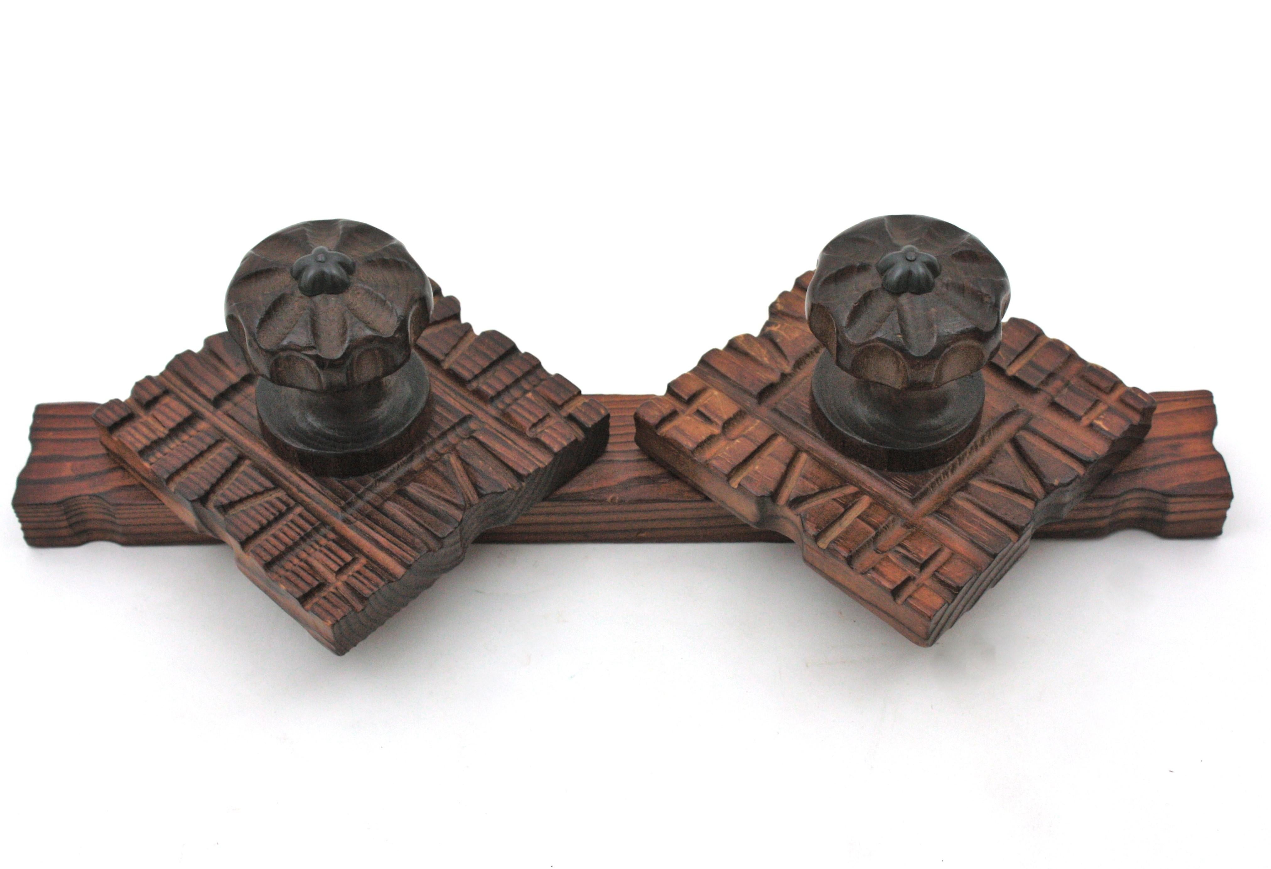 20th Century Spanish Colonial Wall Coat Rack  in Carved Wood, Two Hangers For Sale