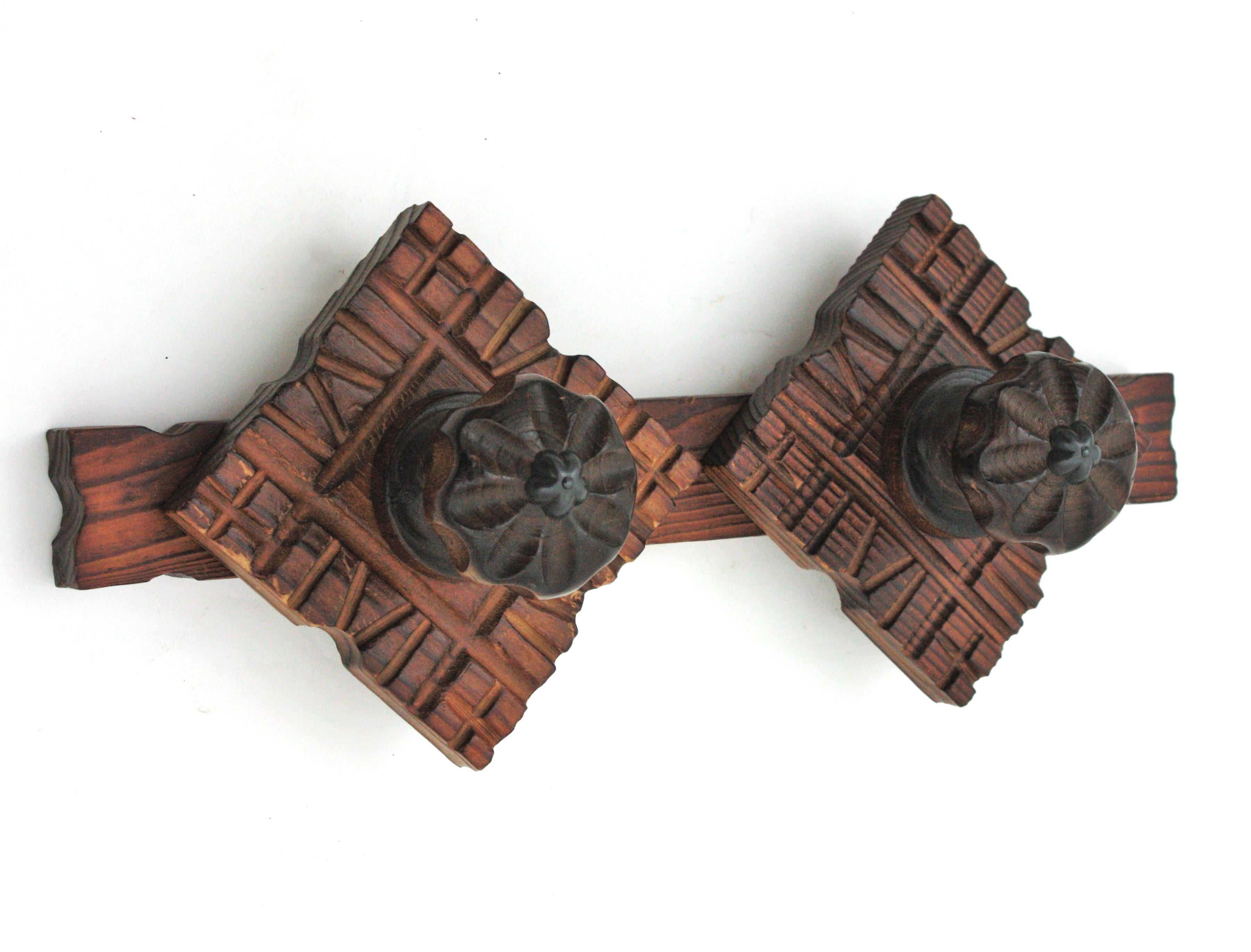 Spanish Colonial Wall Coat Rack  in Carved Wood, Two Hangers For Sale 1