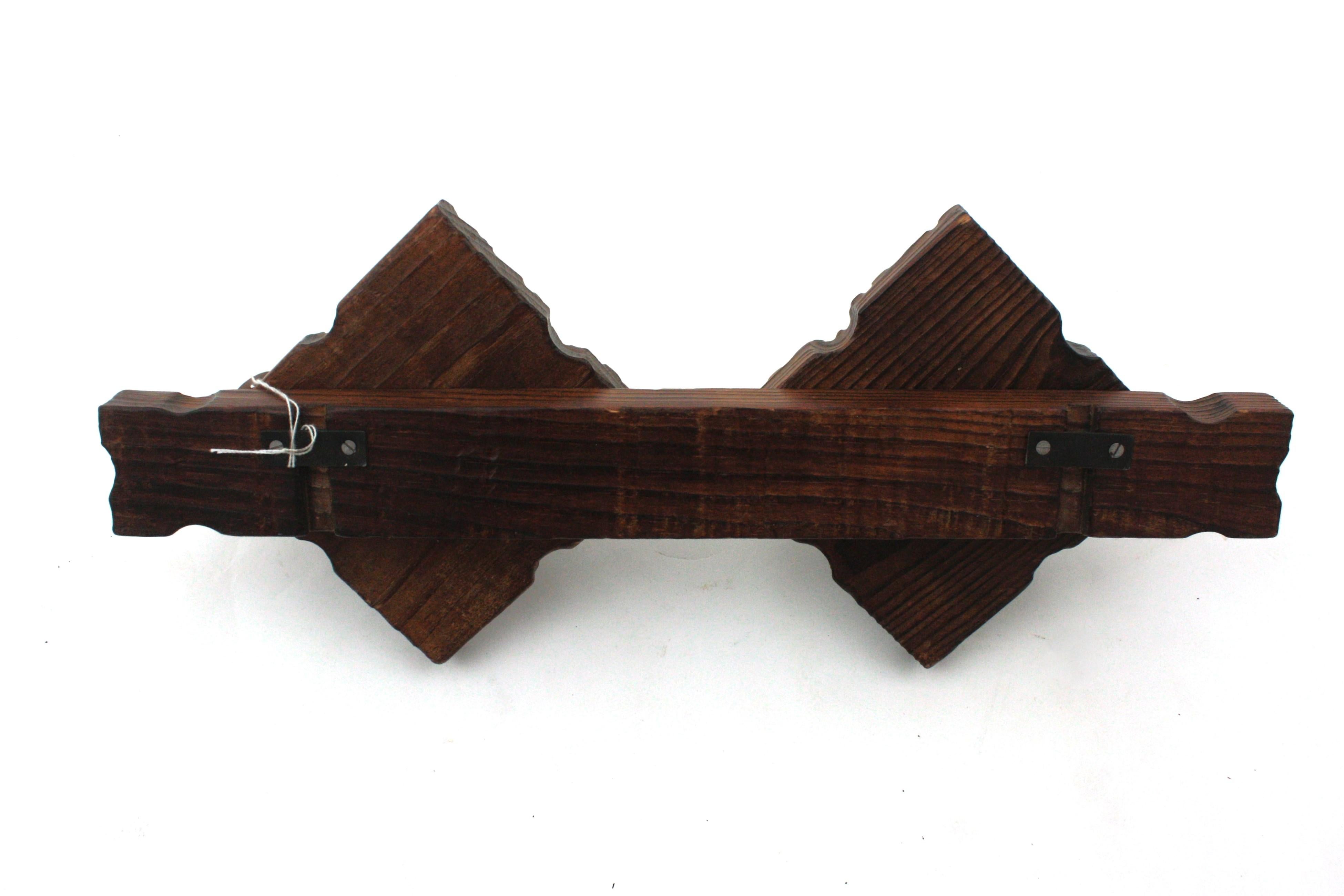 Spanish Colonial Wall Coat Rack  in Carved Wood, Two Hangers For Sale 2