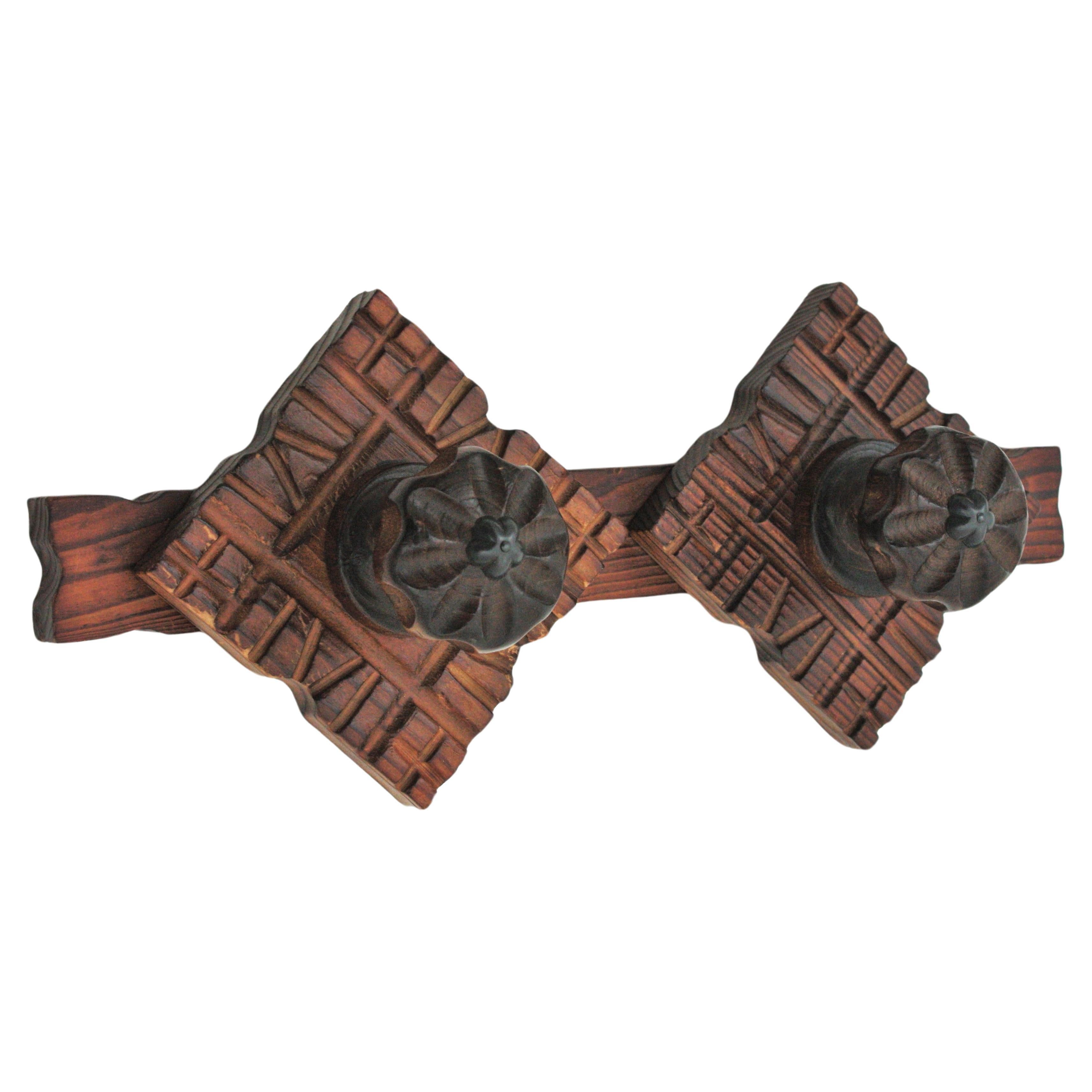 Spanish Colonial Wall Coat Rack  in Carved Wood, Two Hangers For Sale