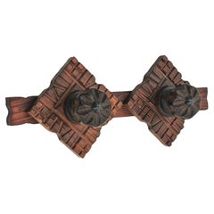 Used Spanish Colonial Wall Coat Rack  in Carved Wood, Two Hangers