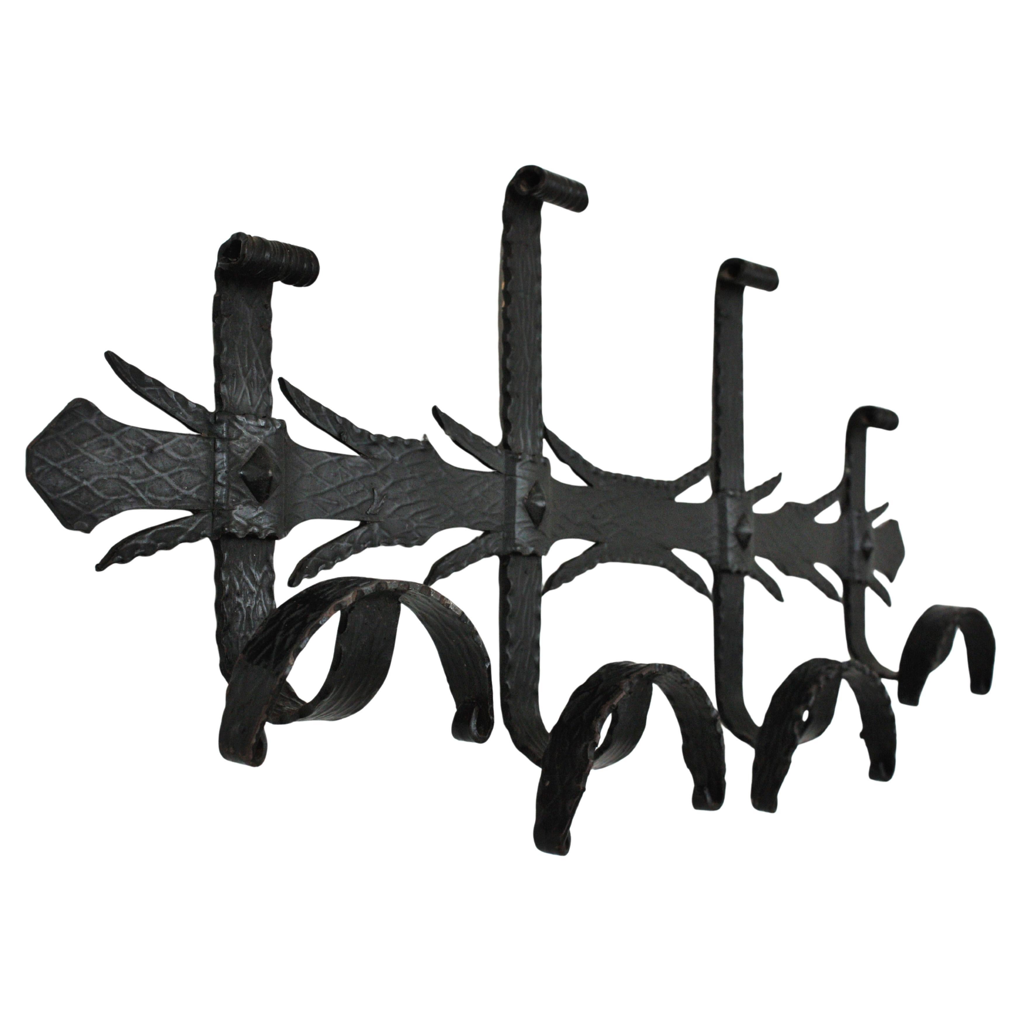 Spanish Colonial Wall Coat Rack in Hand Forged Iron