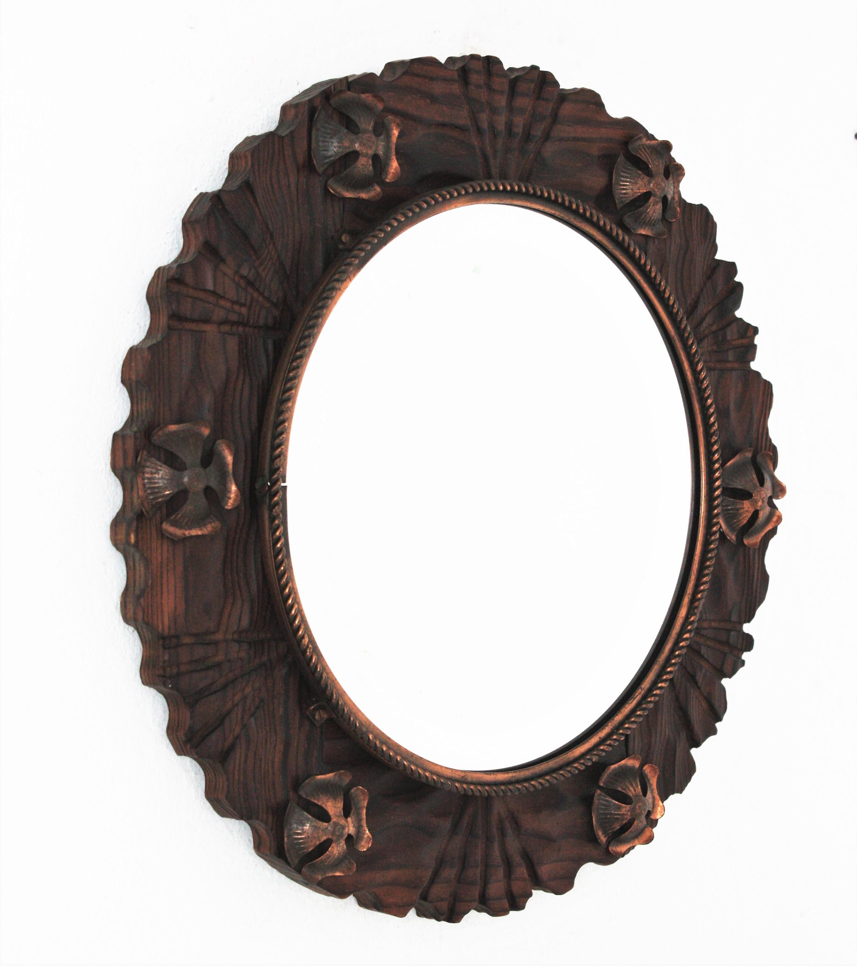 Hand-Crafted Spanish Colonial Wall Mirror in Carved Wood with Metal Flowers For Sale