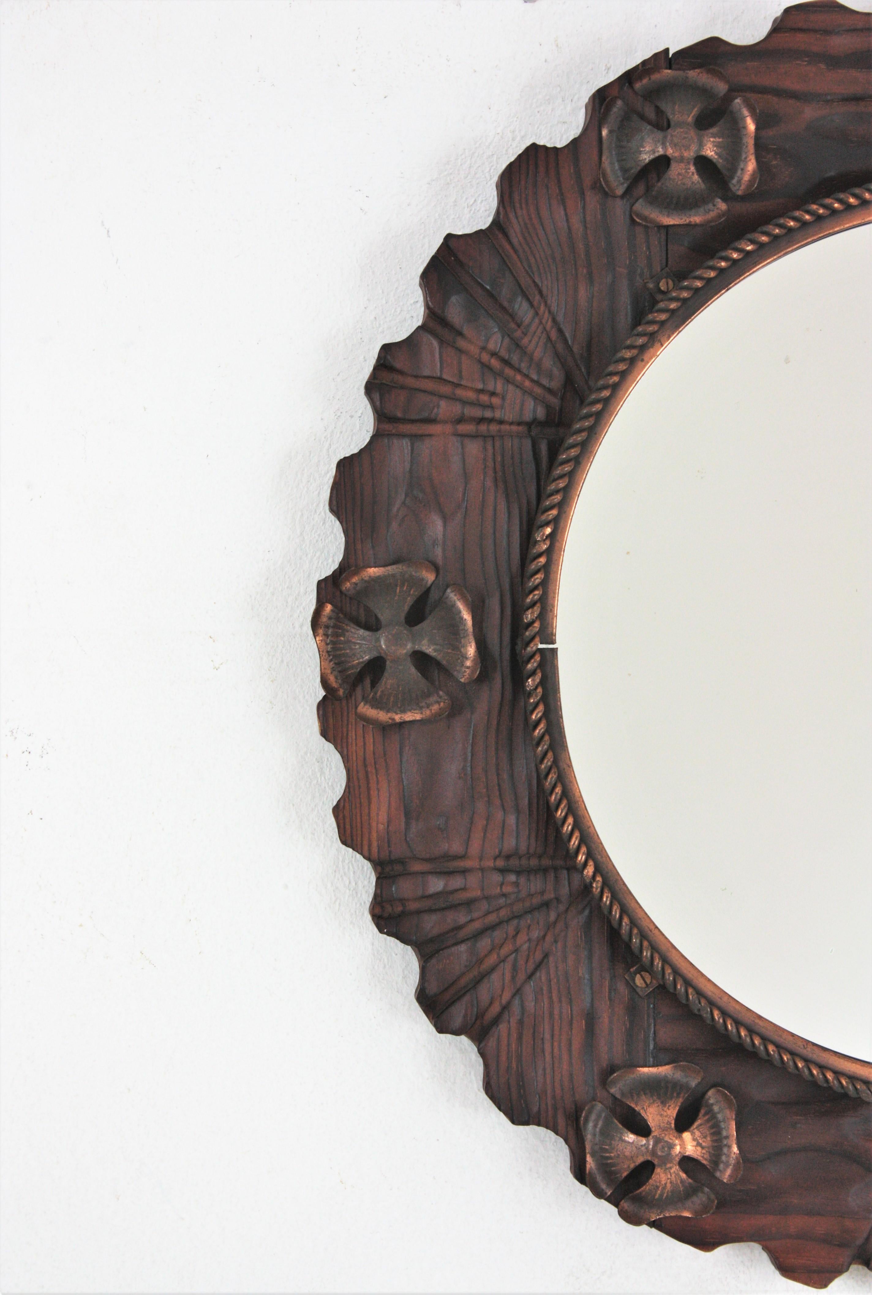 20th Century Spanish Colonial Wall Mirror in Carved Wood with Metal Flowers For Sale