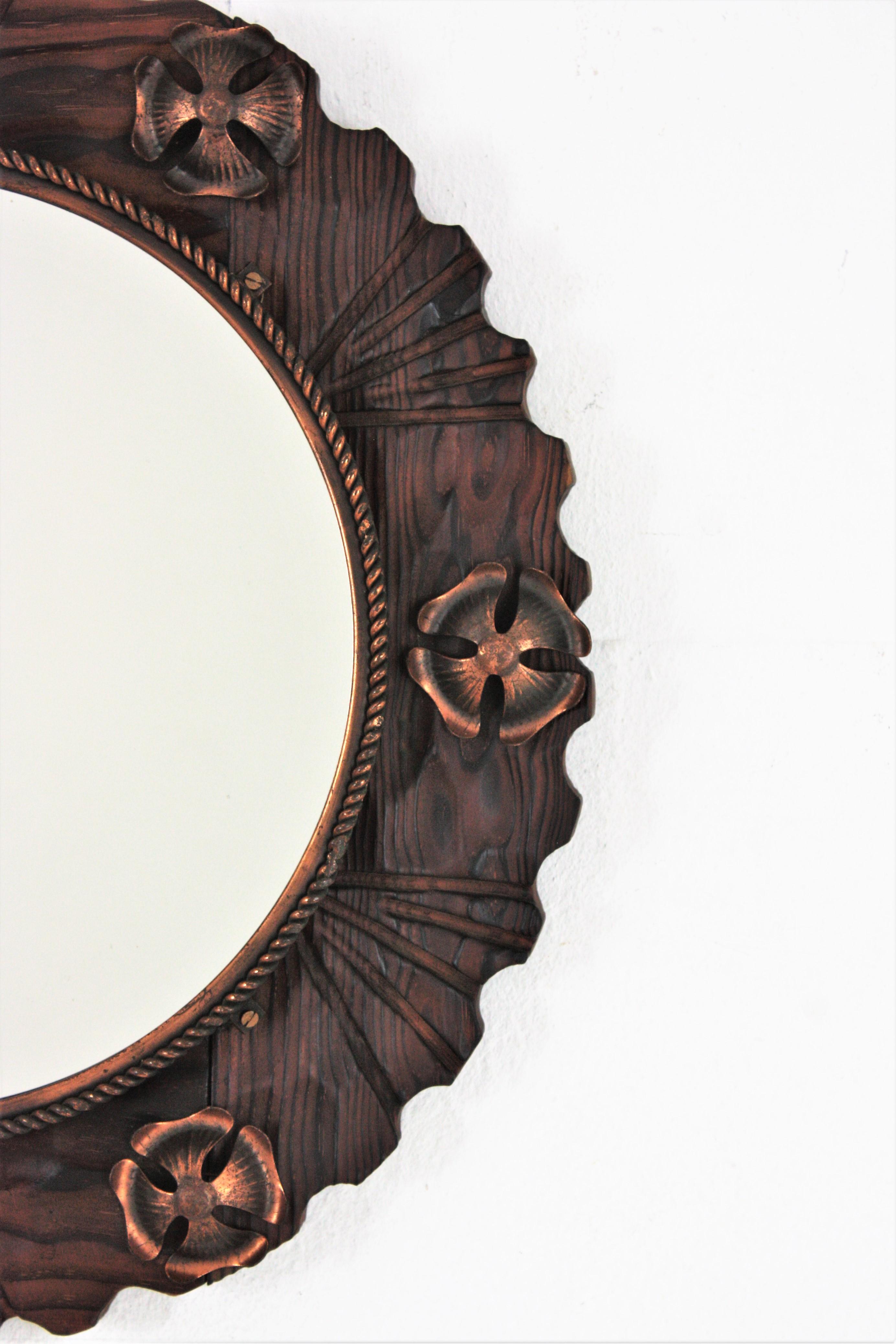 Spanish Colonial Wall Mirror in Carved Wood with Metal Flowers For Sale 1