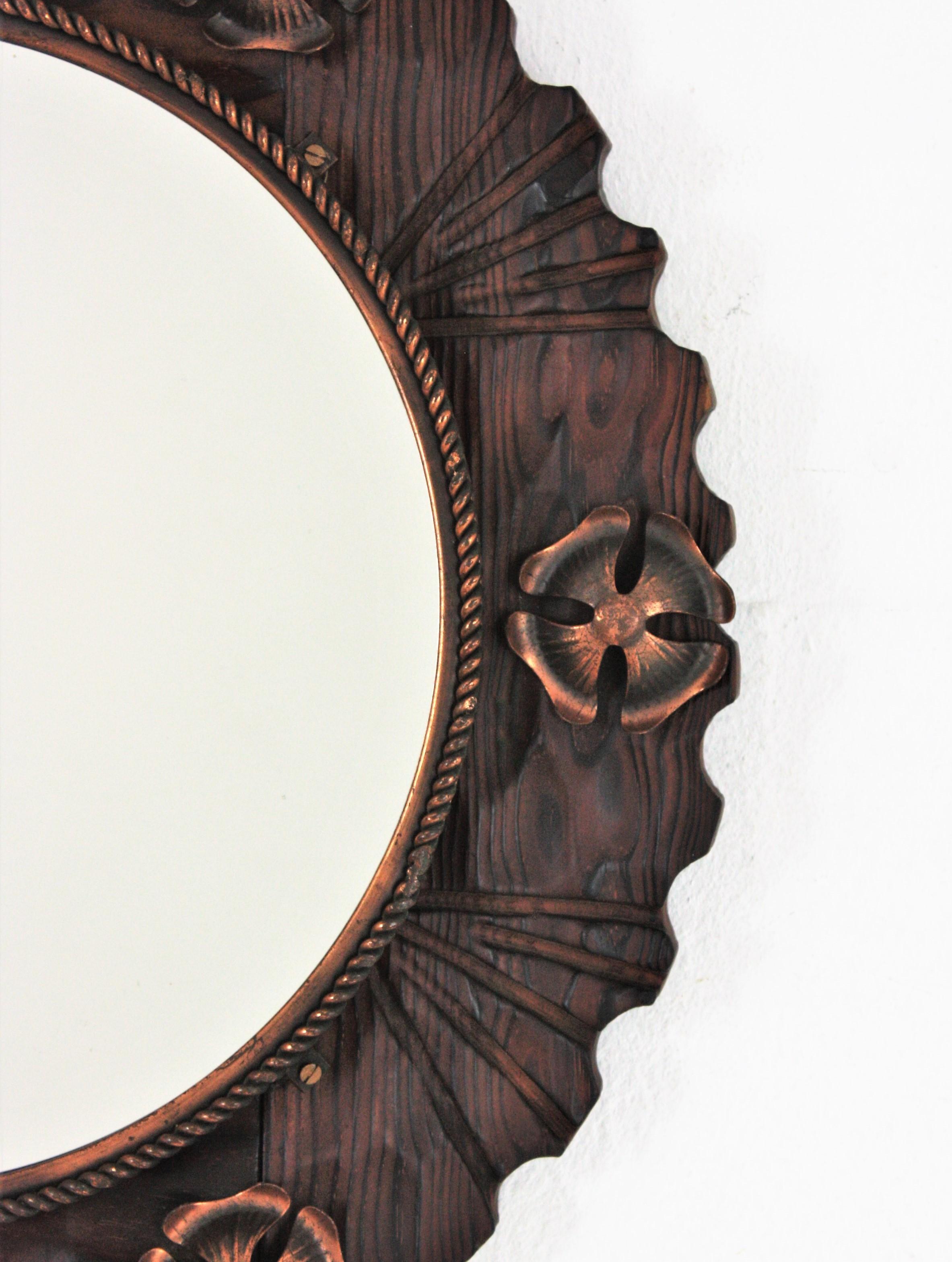 Spanish Colonial Wall Mirror in Carved Wood with Metal Flowers For Sale 2