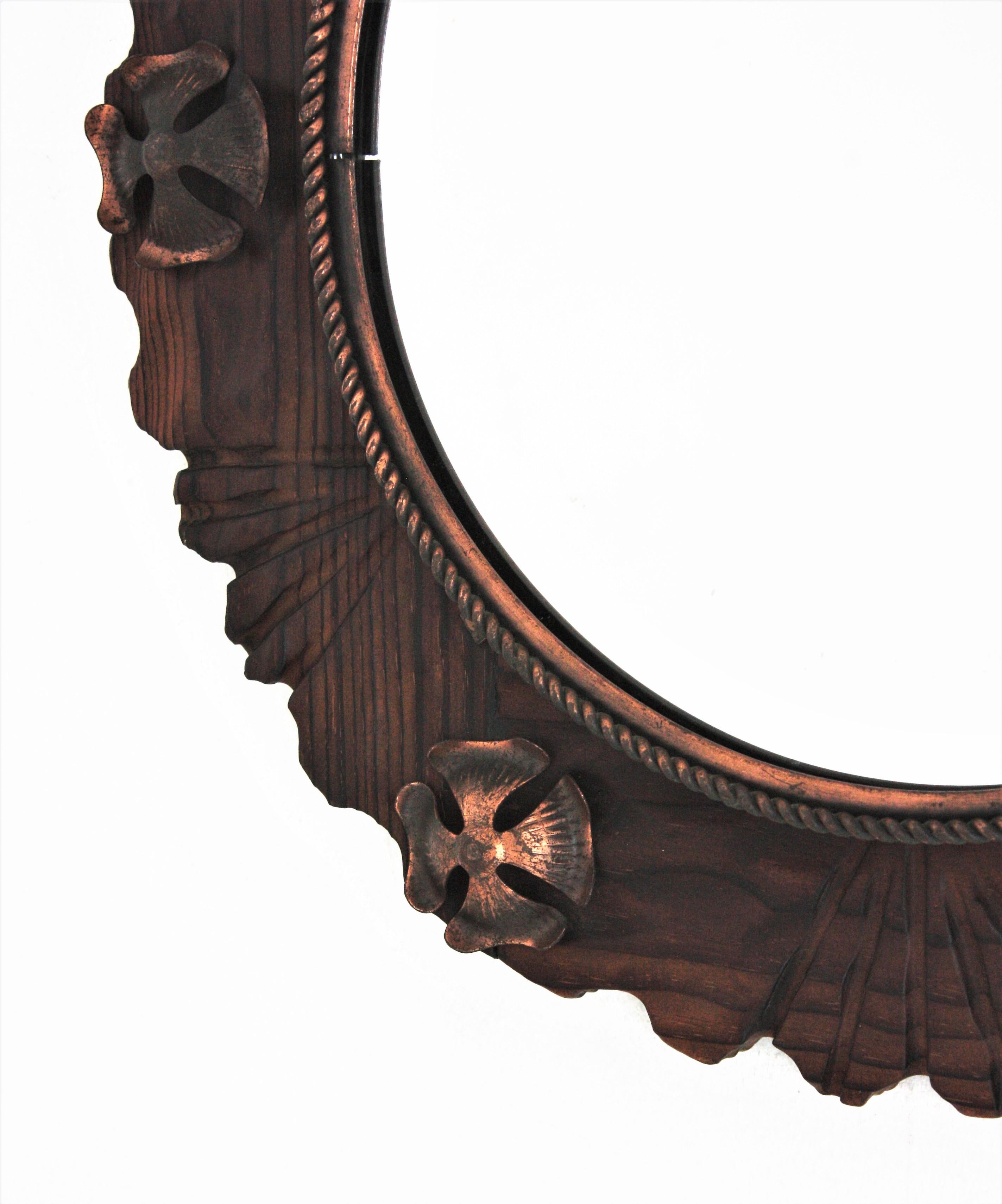 Spanish Colonial Wall Mirror in Carved Wood with Metal Flowers 3