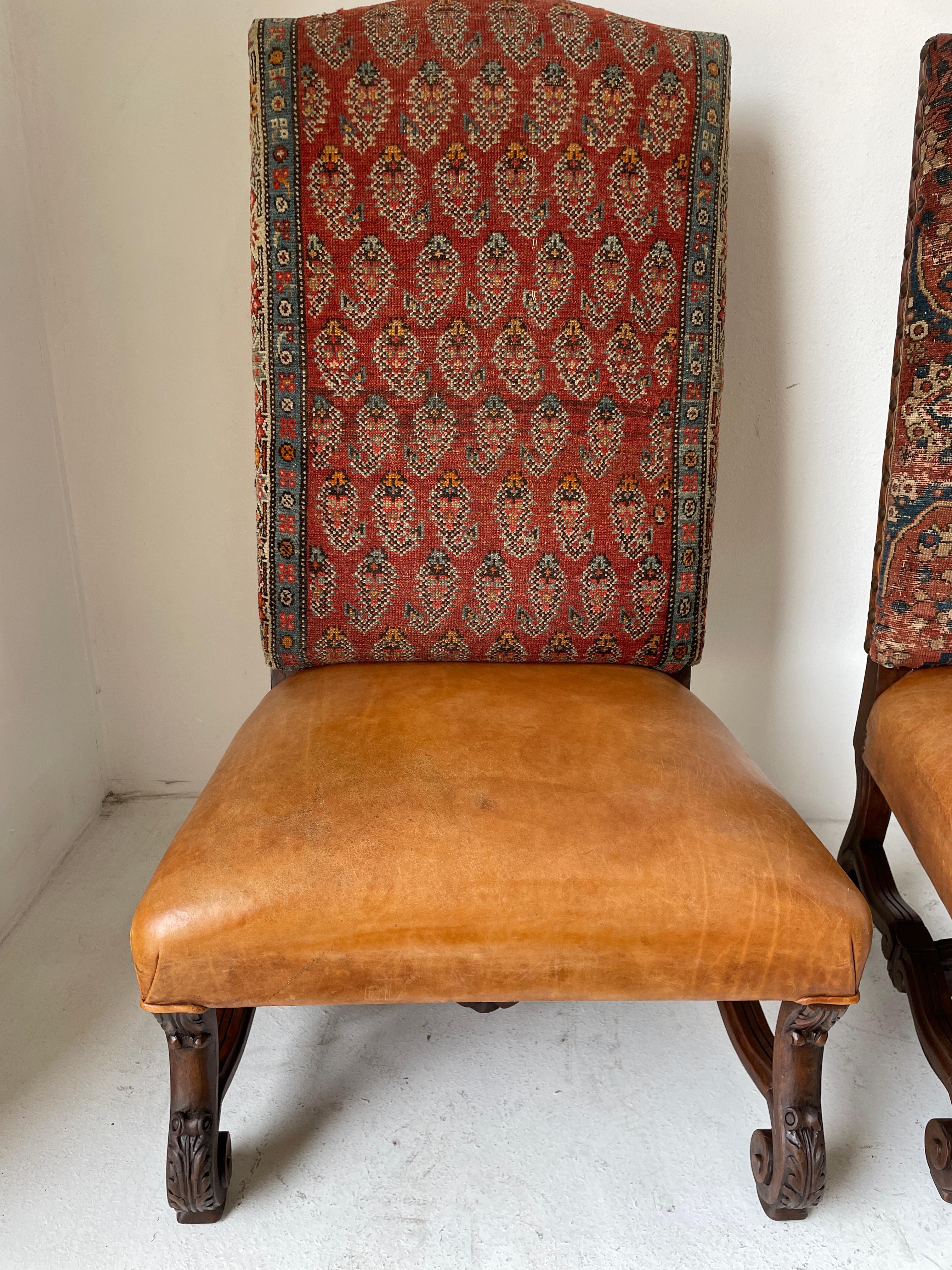 Spanish Colonial Walnut Hall Chairs Leather and Tapestry Covered a Pair 1940s 6
