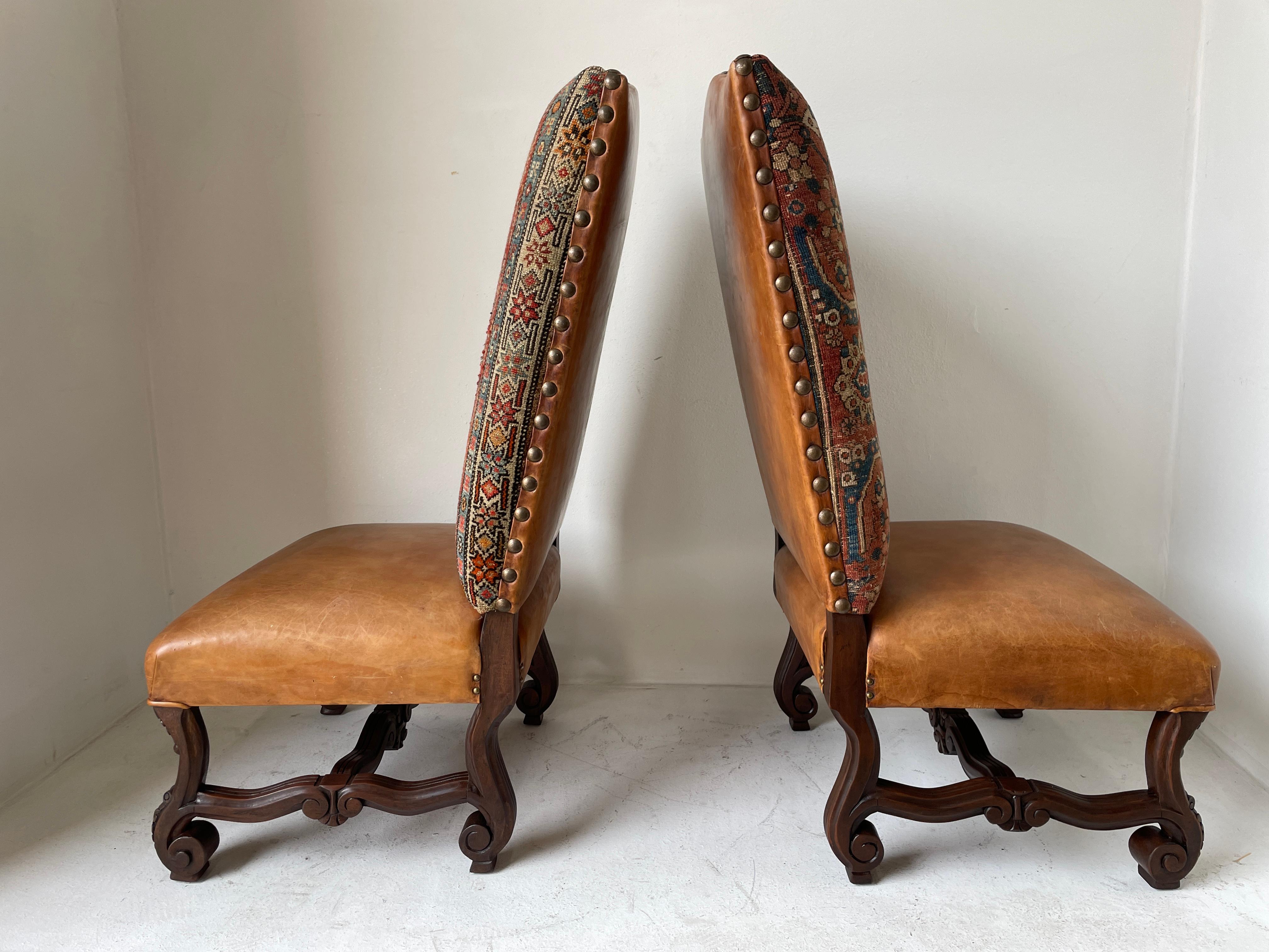 Spanish Colonial Walnut Hall Chairs Leather and Tapestry Covered a Pair 1940s 9