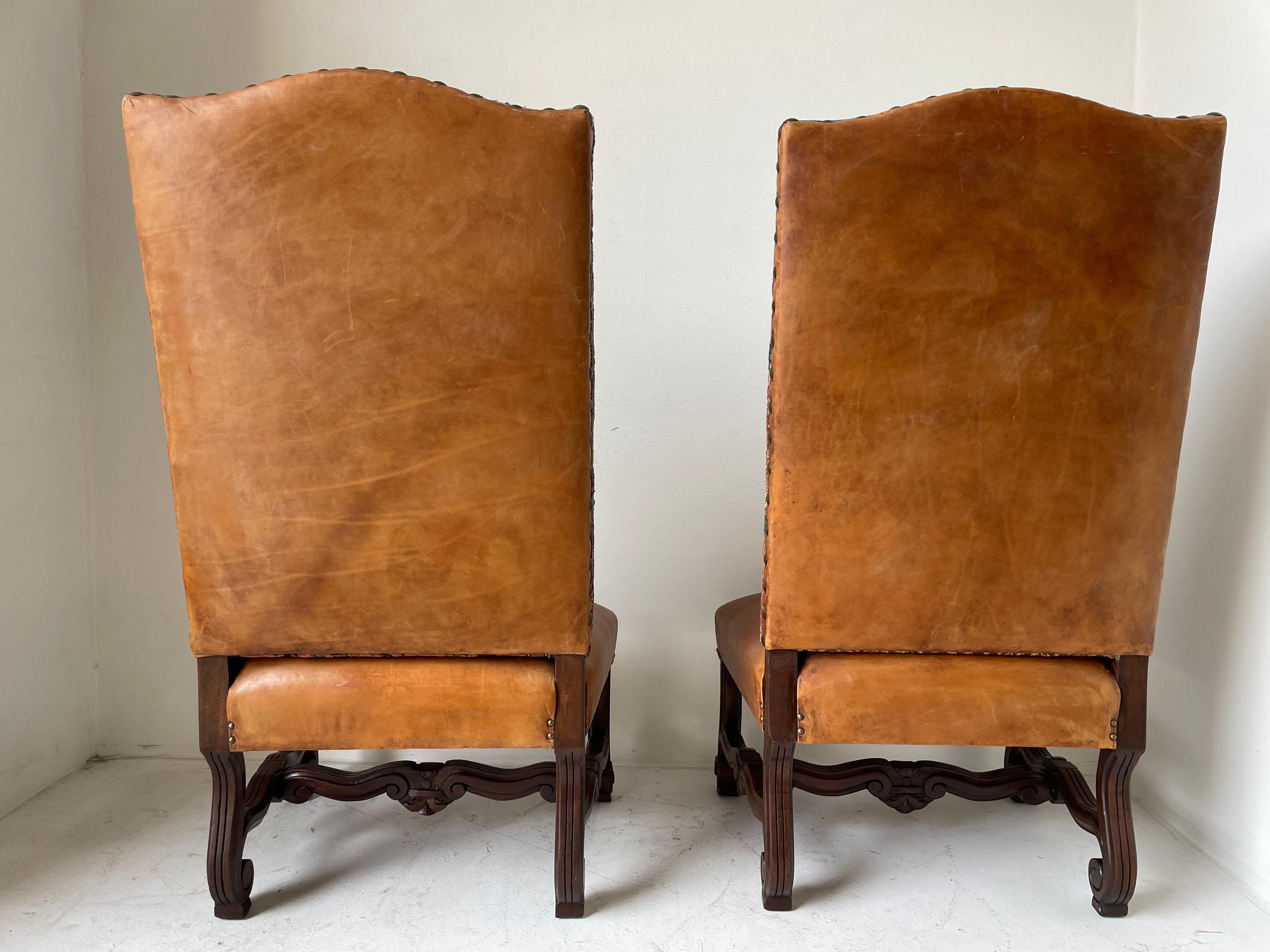 Spanish Colonial Walnut Hall Chairs Leather and Tapestry Covered a Pair 1940s 10