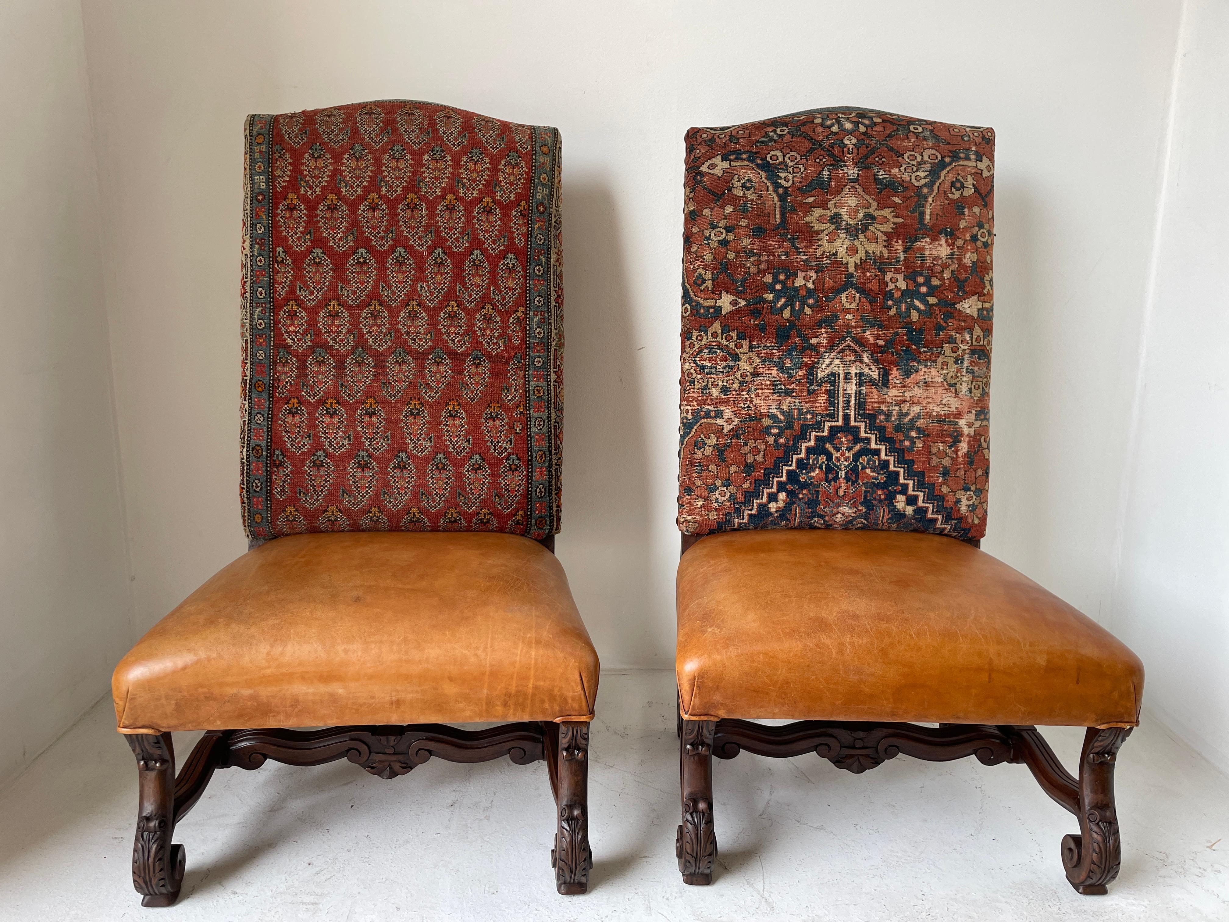 A 19th century Louis XIII style French, Spanish Colonial High-backed side chairs made of solid walnut.
Spanish Colonial Pair of Carved Walnut Leather and Tapestry Covered Side Chairs Fauteuils.
Decorate a entryway, hall, living room or bedroom with