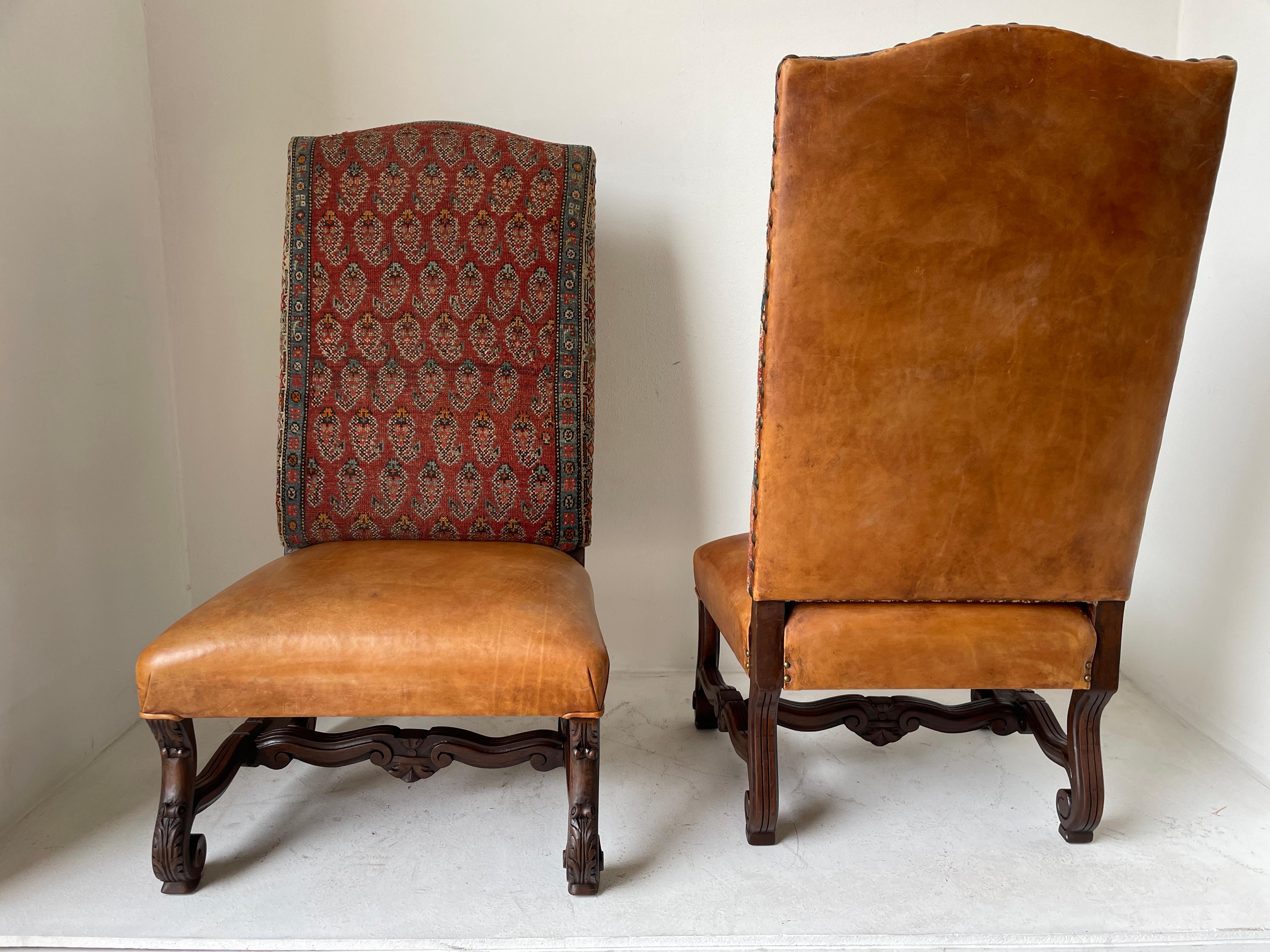 North American Spanish Colonial Walnut Hall Chairs Leather and Tapestry Covered a Pair 1940s
