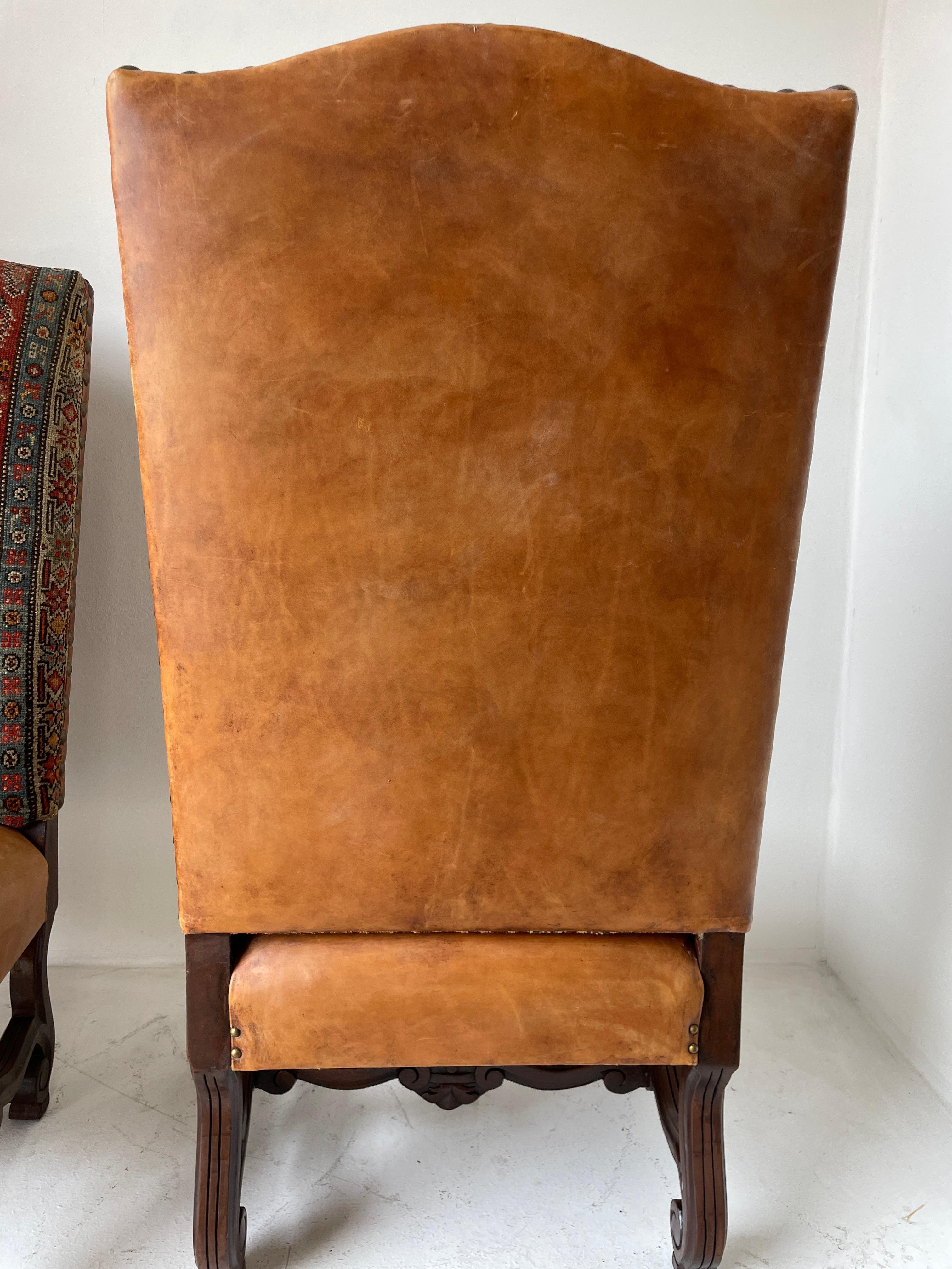 Carved Spanish Colonial Walnut Hall Chairs Leather and Tapestry Covered a Pair 1940s