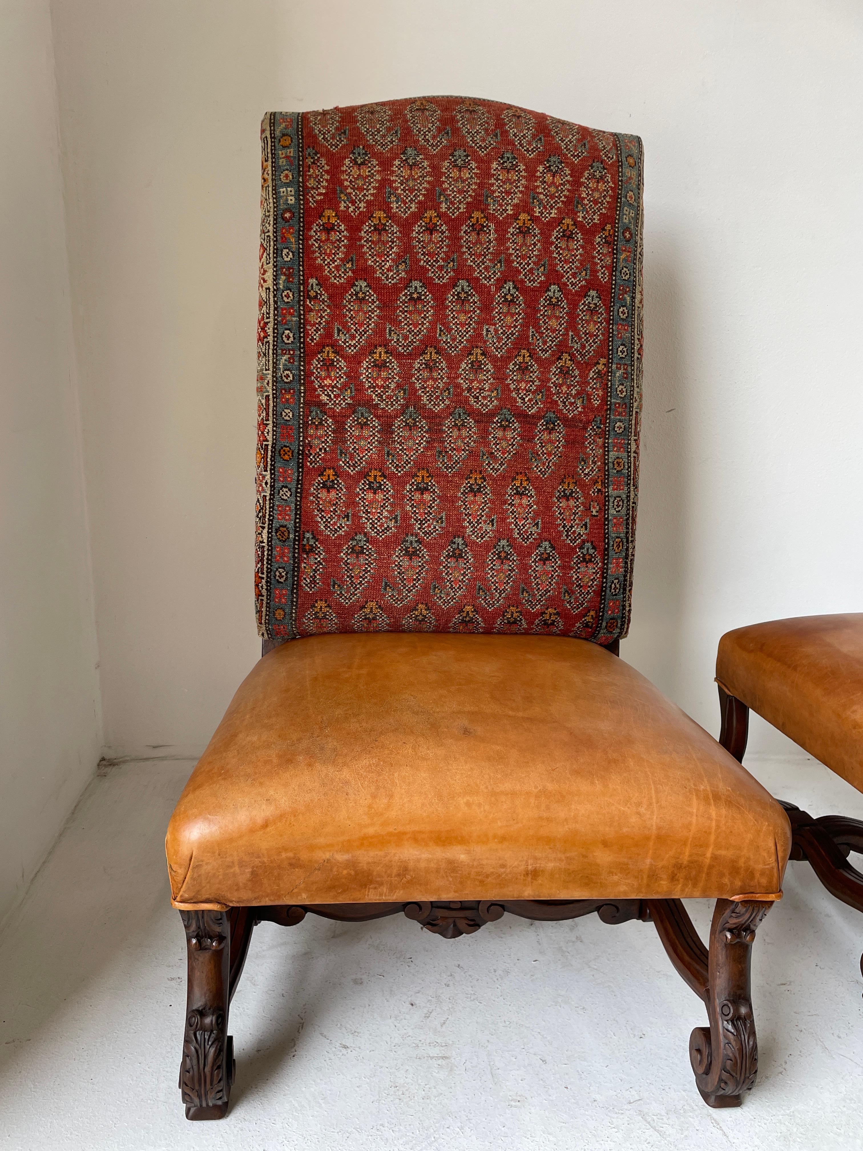 Spanish Colonial Walnut Hall Chairs Leather and Tapestry Covered a Pair 1940s In Good Condition In North Hollywood, CA