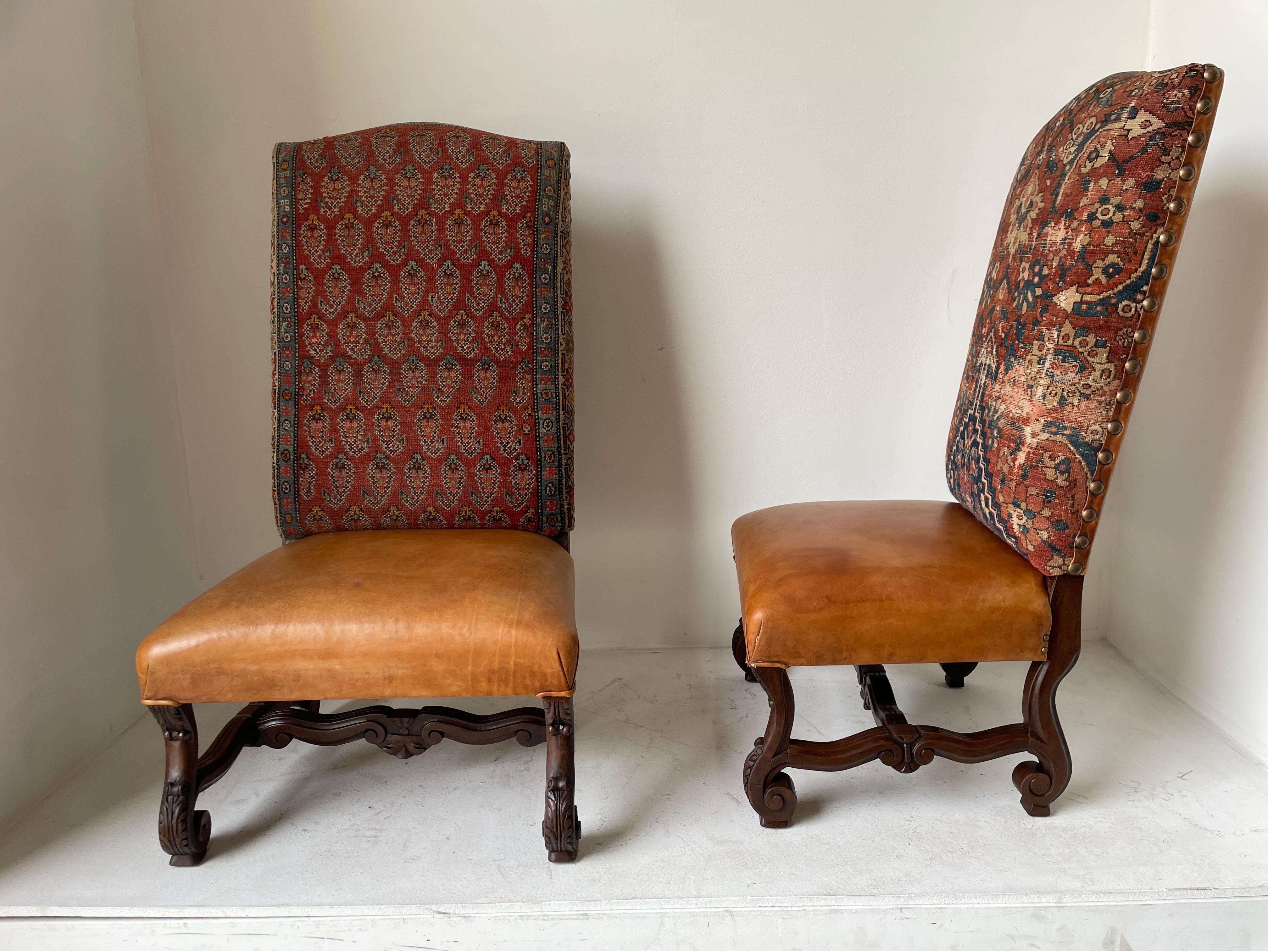 20th Century Spanish Colonial Walnut Hall Chairs Leather and Tapestry Covered a Pair 1940s