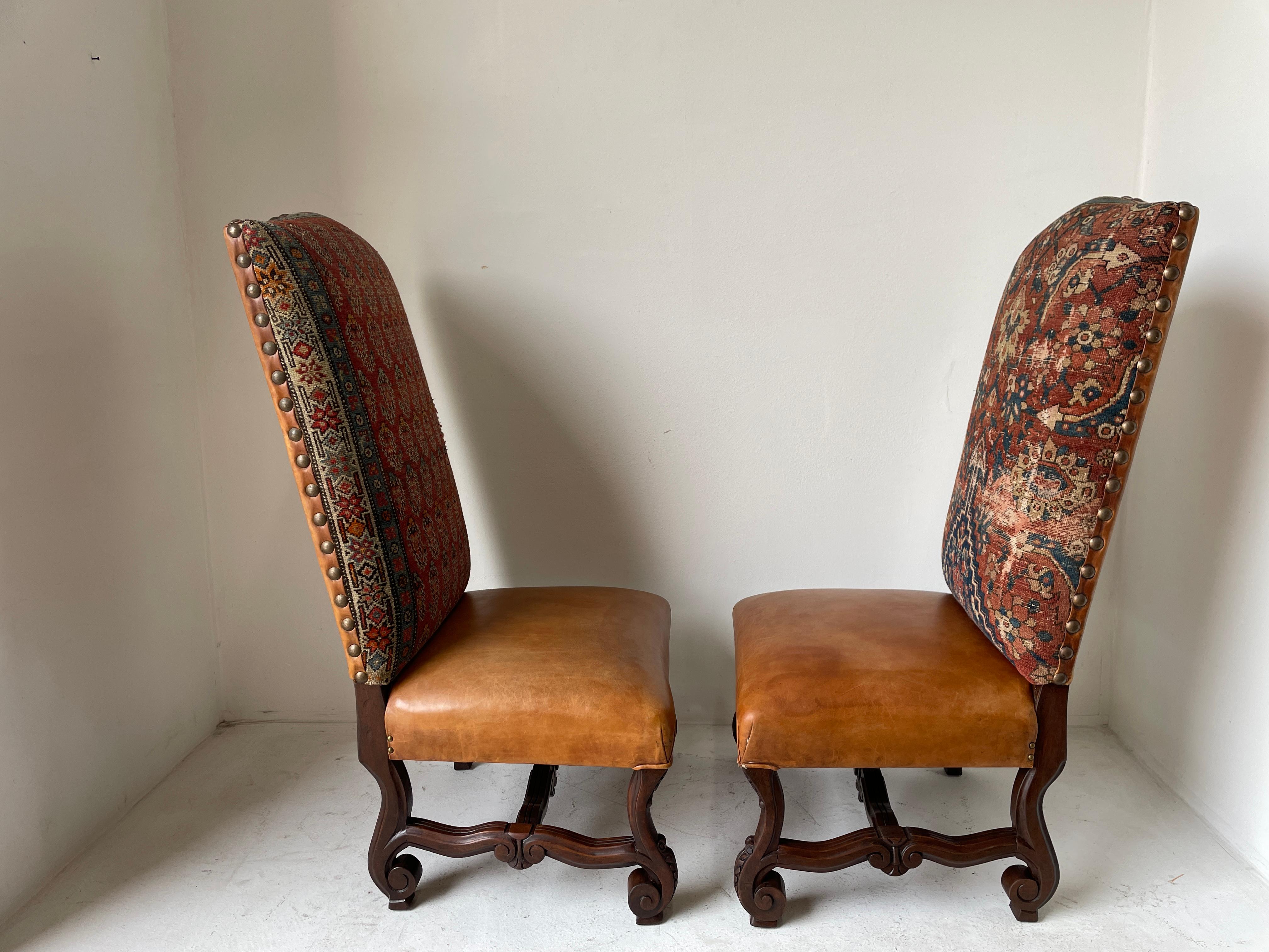 Spanish Colonial Walnut Hall Chairs Leather and Tapestry Covered a Pair 1940s 1