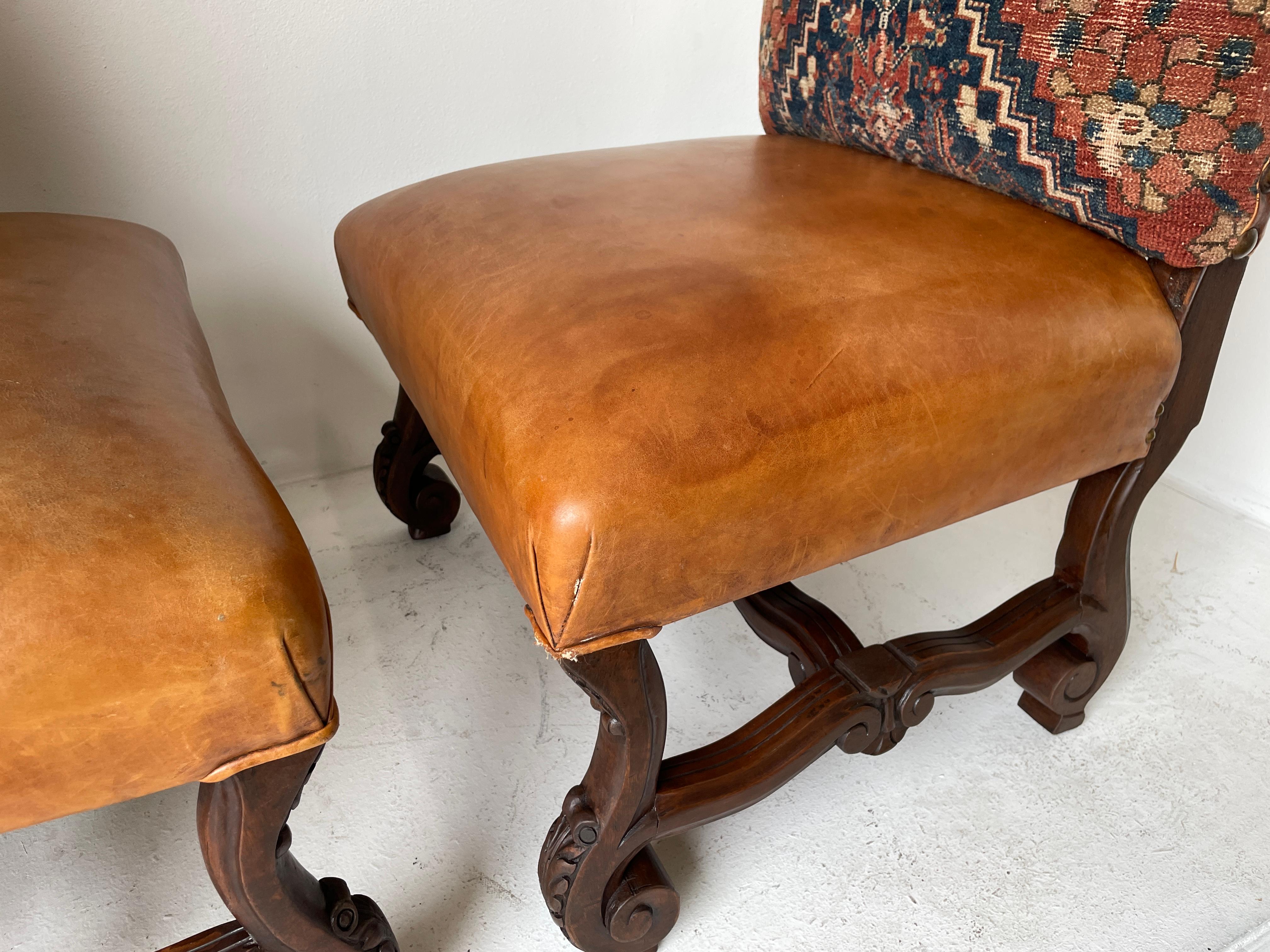 Spanish Colonial Walnut Hall Chairs Leather and Tapestry Covered a Pair 1940s 3