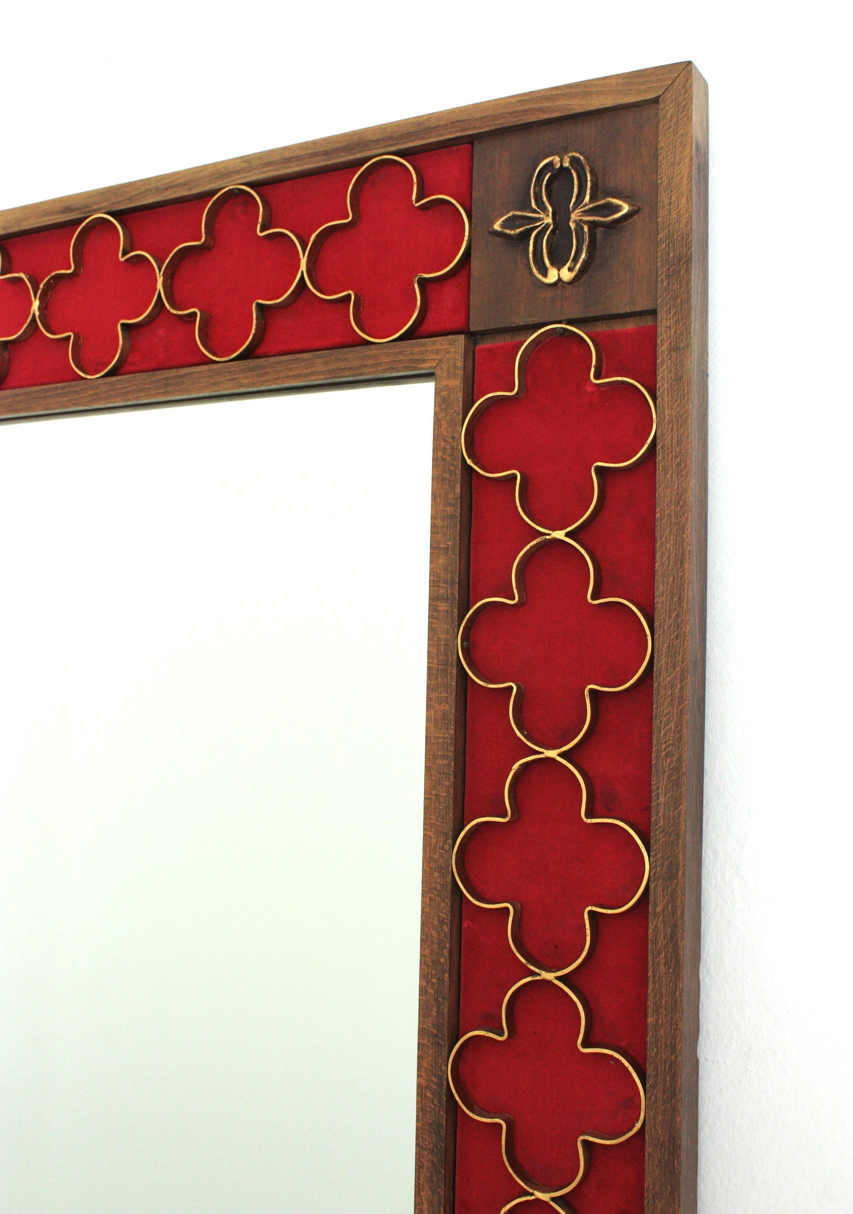 Spanish Colonial Wood Rectangular Mirror, Gilt Iron Rosettes & Red Velvet Frame 5