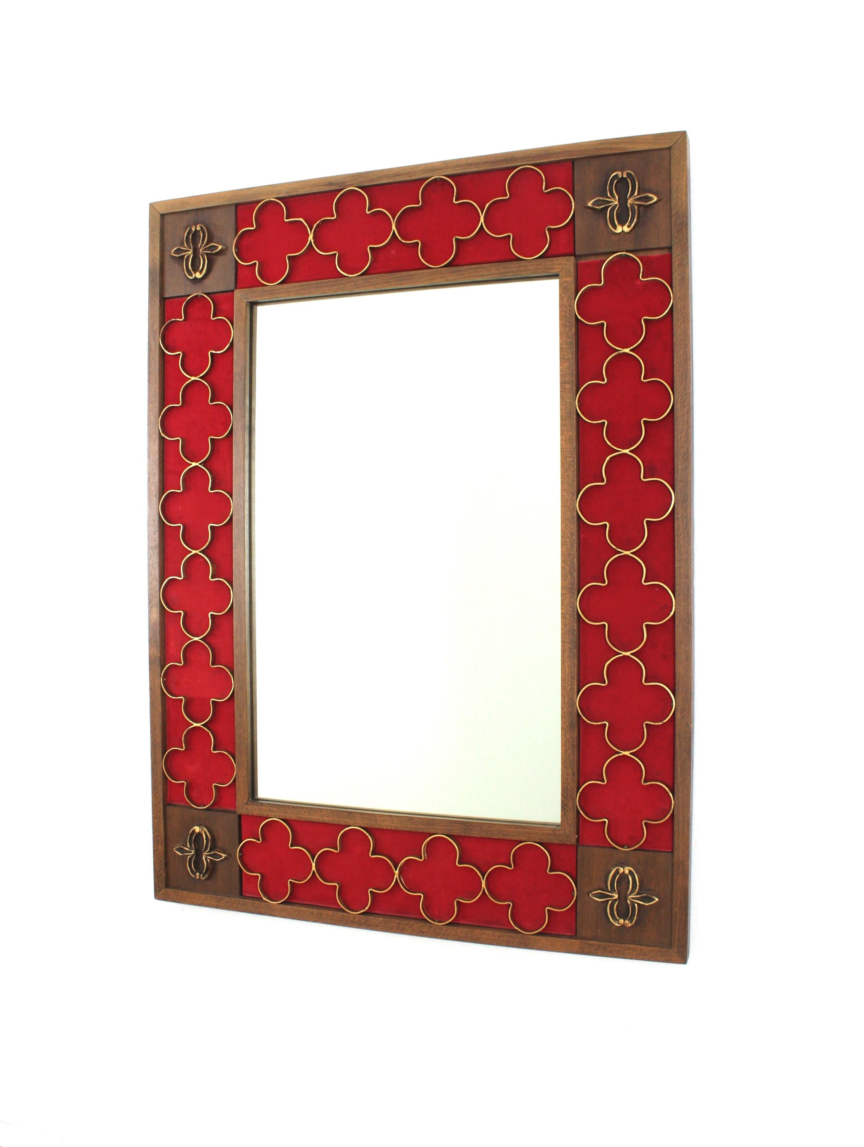 Spanish Colonial Wood Rectangular Mirror, Gilt Iron Rosettes & Red Velvet Frame 6