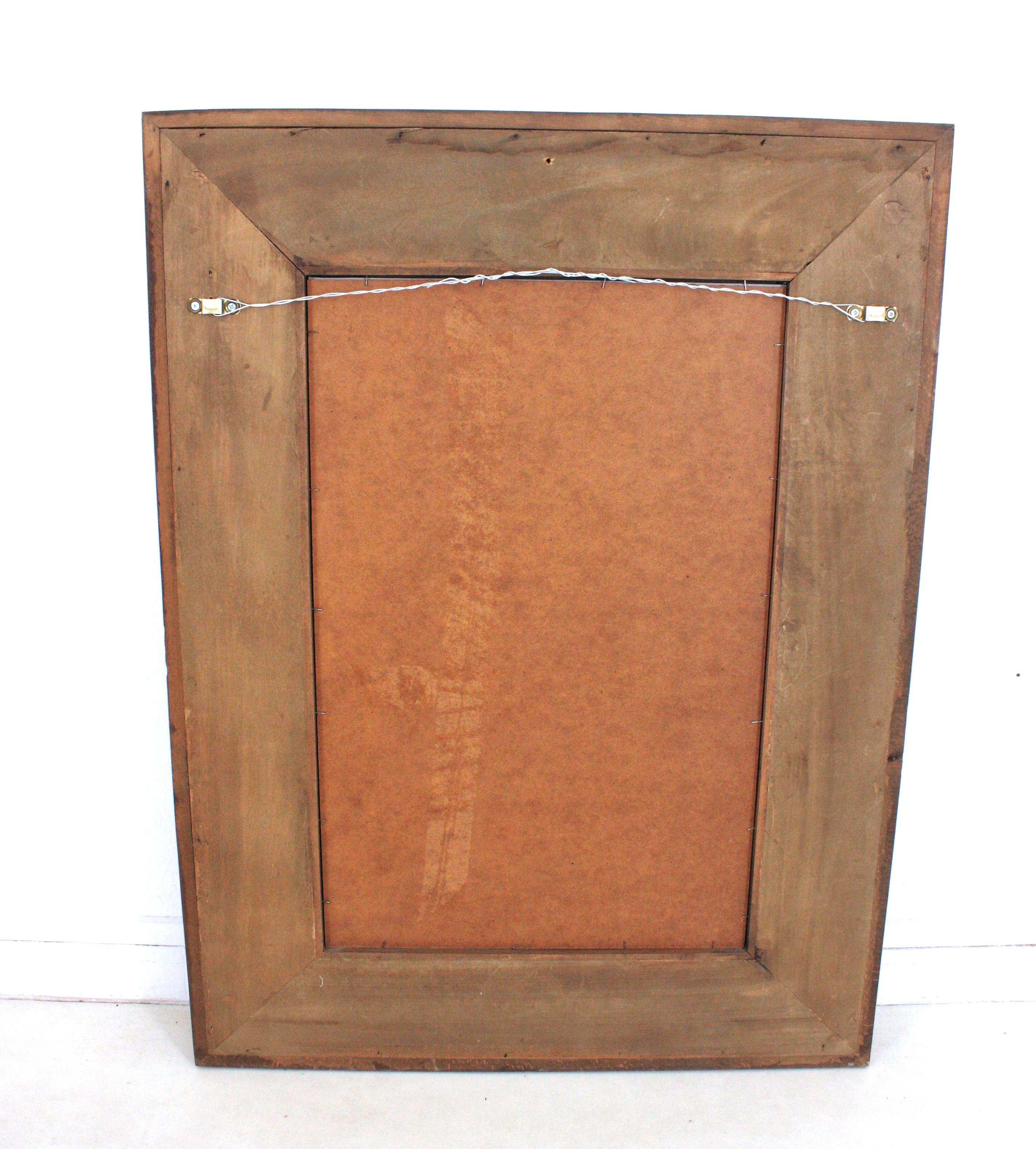Spanish Colonial Wood Rectangular Mirror, Gilt Iron Rosettes & Red Velvet Frame 7