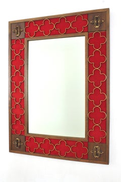 Spanish Colonial Wood Rectangular Mirror, Gilt Iron Rosettes & Red Velvet Frame