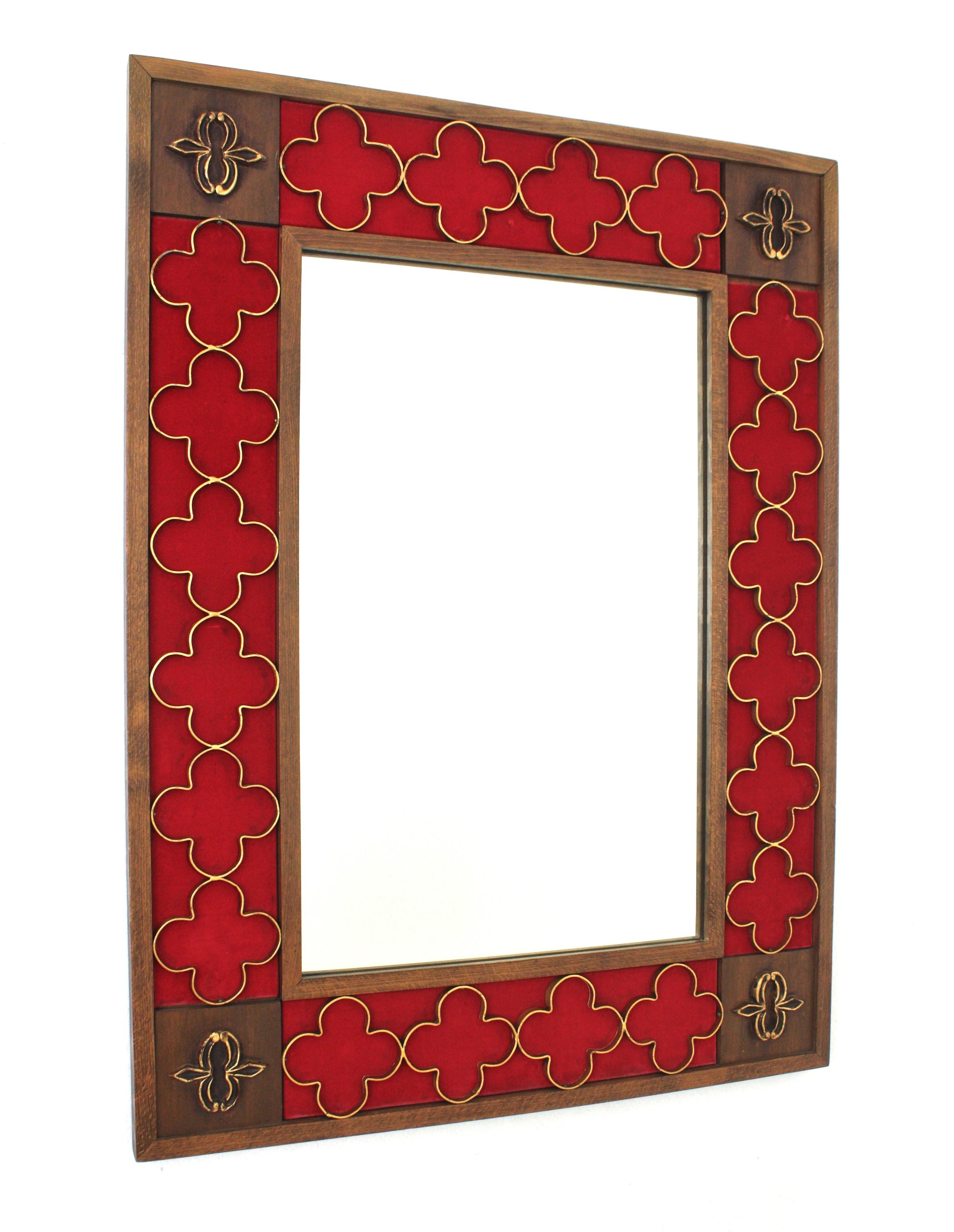 Hand-Carved Spanish Colonial Wood Rectangular Mirror, Gilt Iron Rosettes & Red Velvet Frame