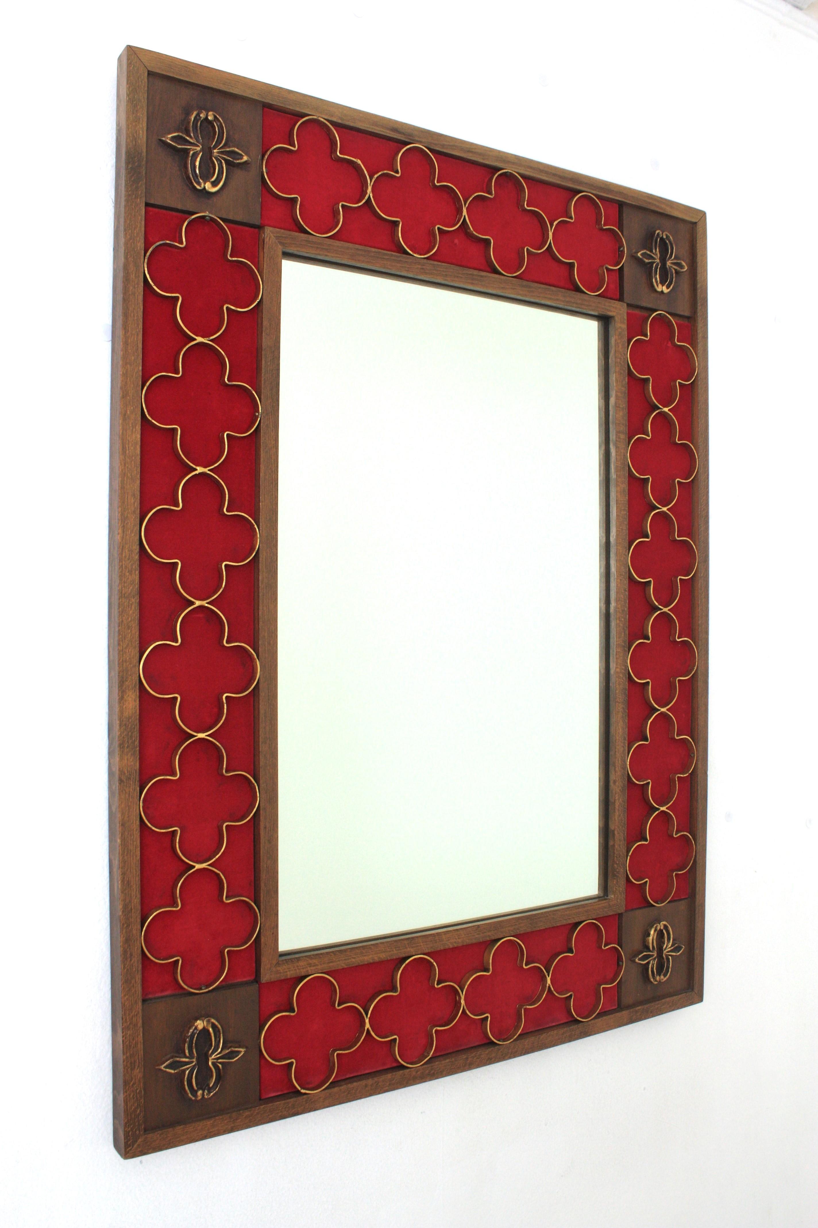 Spanish Colonial Wood Rectangular Mirror, Gilt Iron Rosettes & Red Velvet Frame In Good Condition In Barcelona, ES