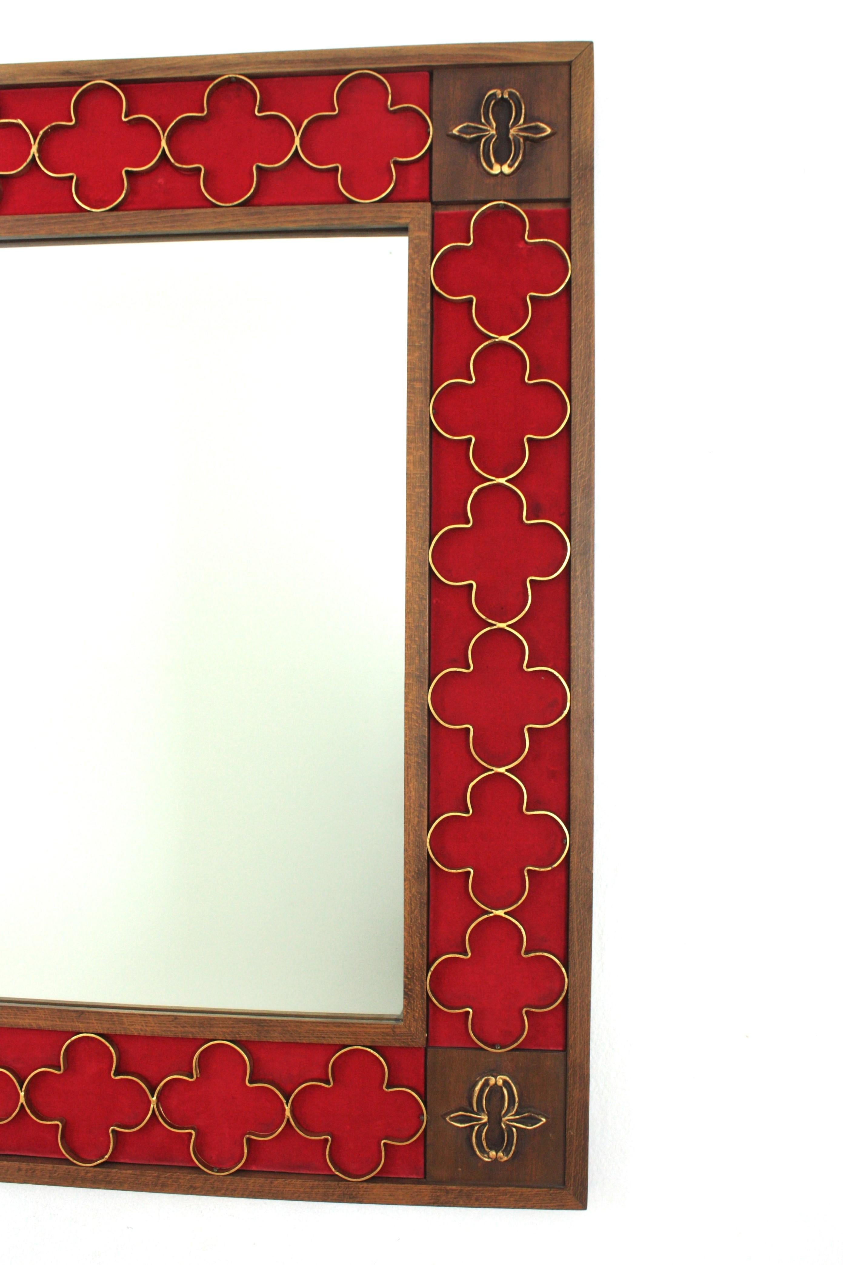 Spanish Colonial Wood Rectangular Mirror, Gilt Iron Rosettes & Red Velvet Frame 1