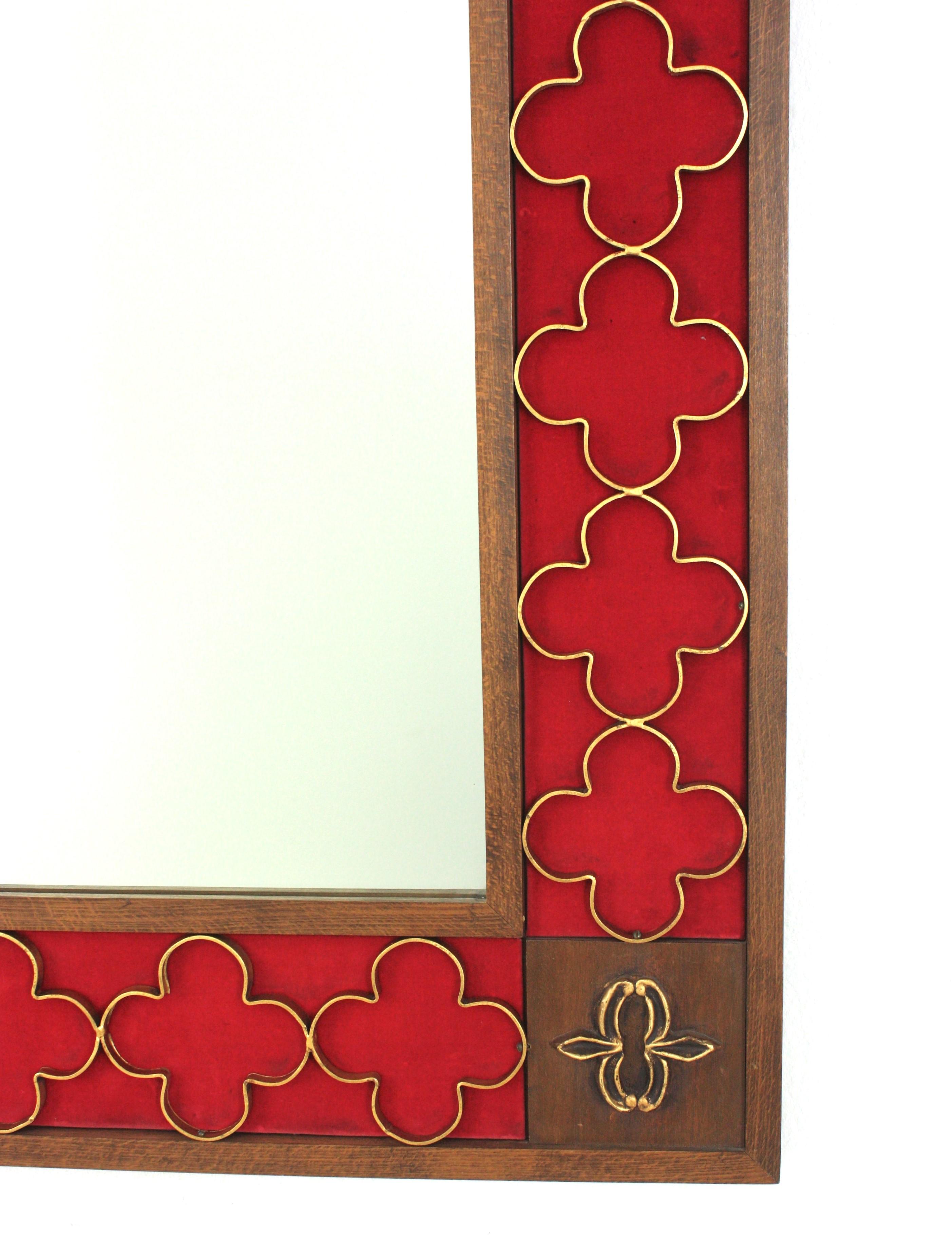 Spanish Colonial Wood Rectangular Mirror, Gilt Iron Rosettes & Red Velvet Frame 2