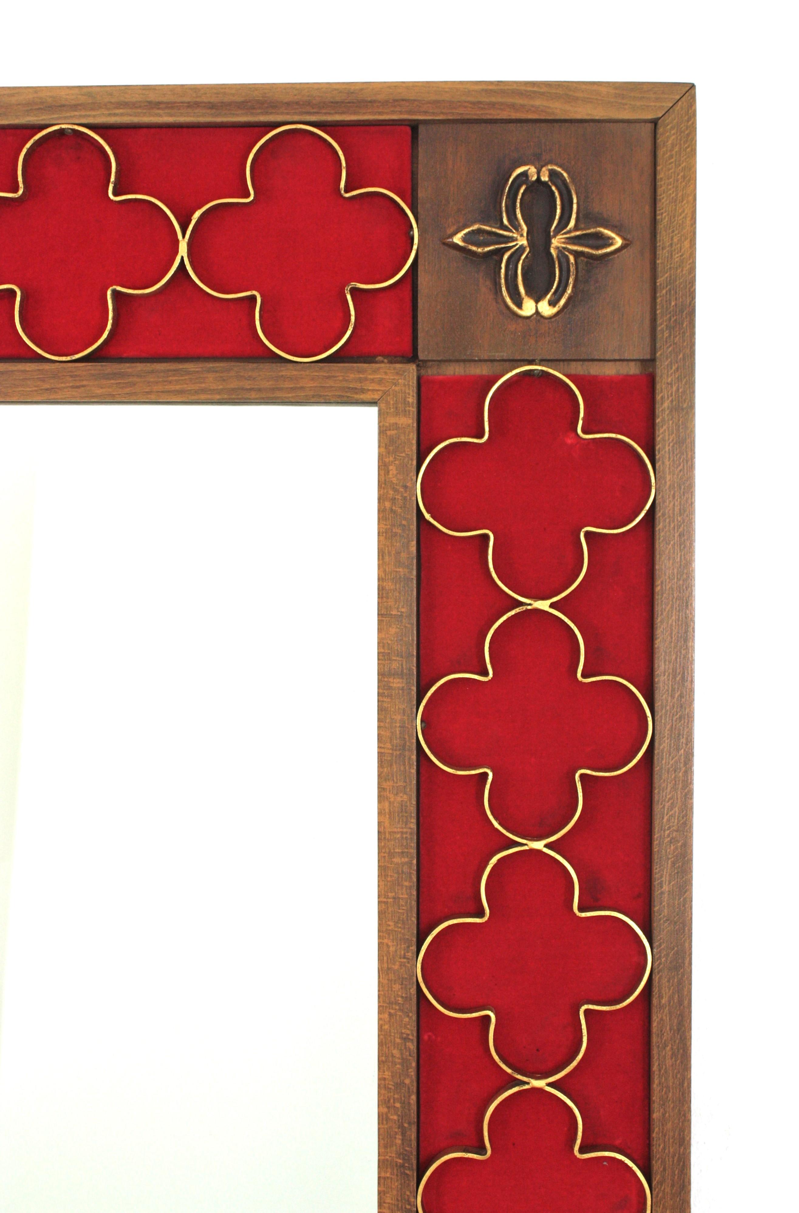 Spanish Colonial Wood Rectangular Mirror, Gilt Iron Rosettes & Red Velvet Frame 3