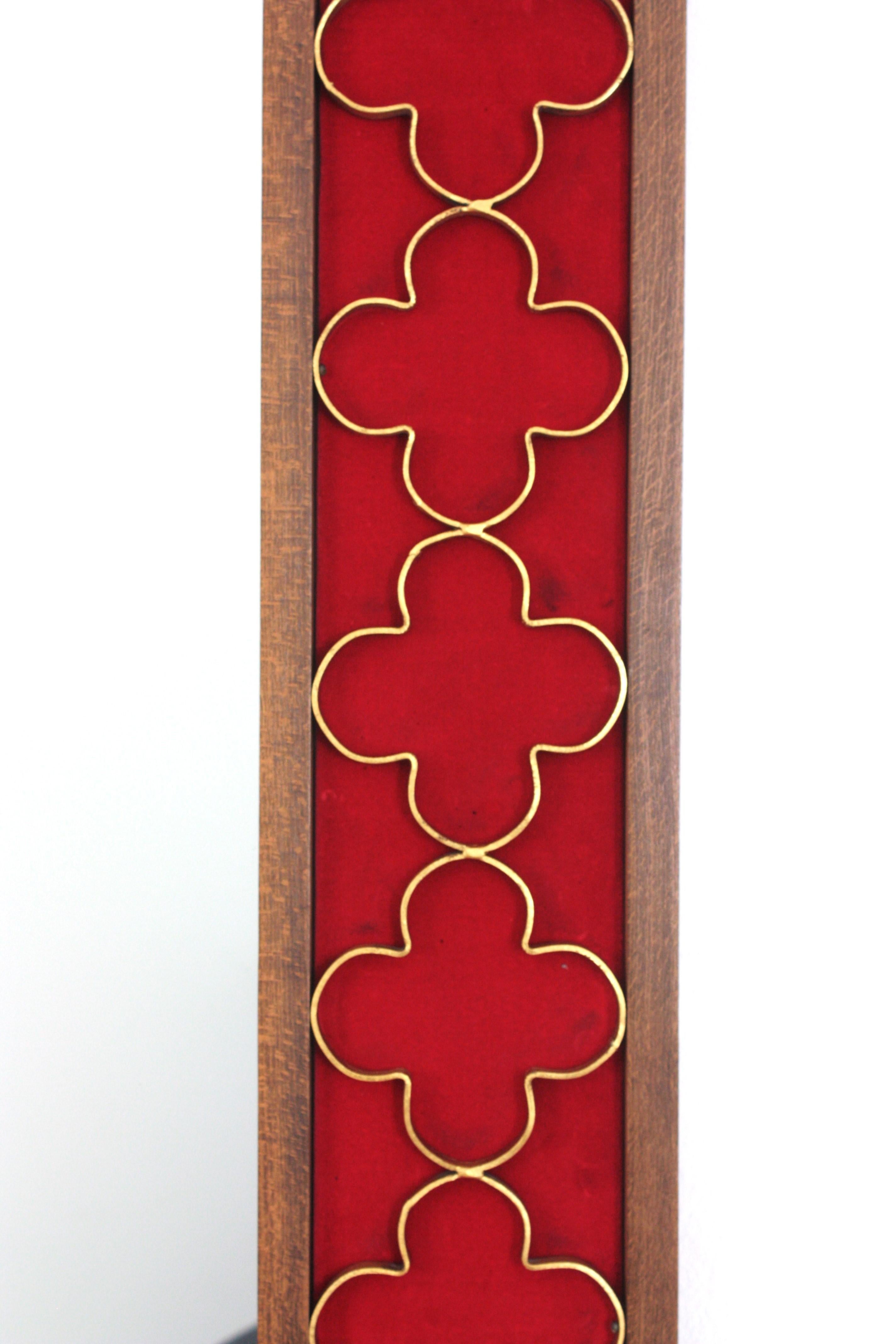 Spanish Colonial Wood Rectangular Mirror, Gilt Iron Rosettes & Red Velvet Frame 4