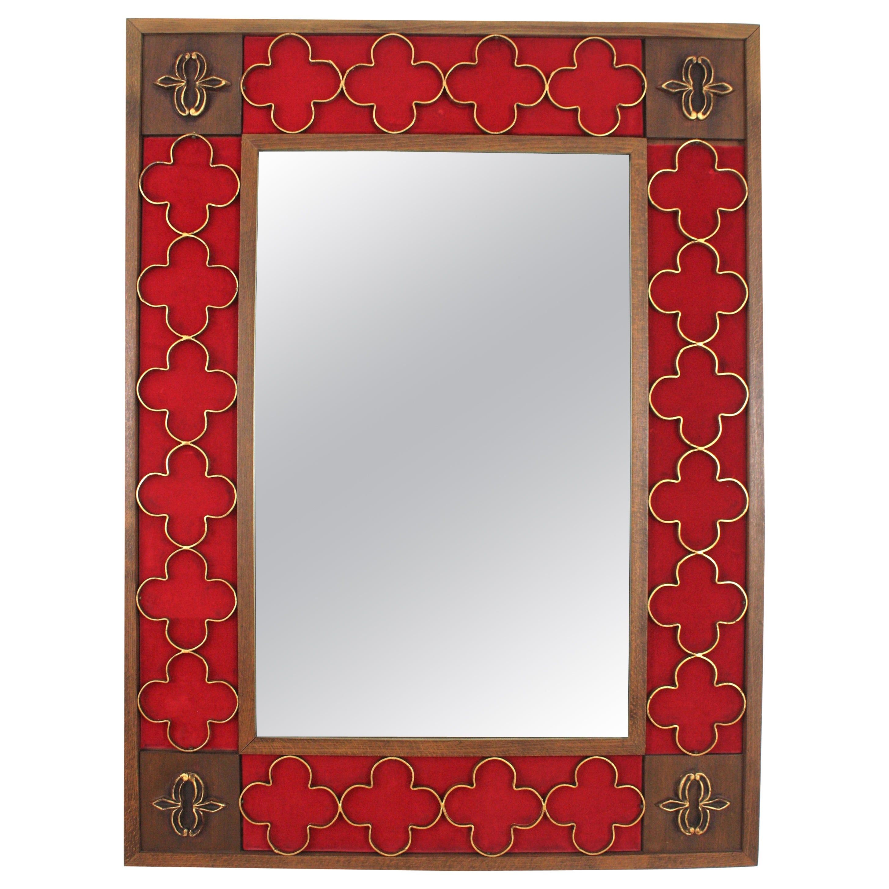 Spanish Colonial Wood Rectangular Mirror, Gilt Iron Rosettes & Red Velvet Frame