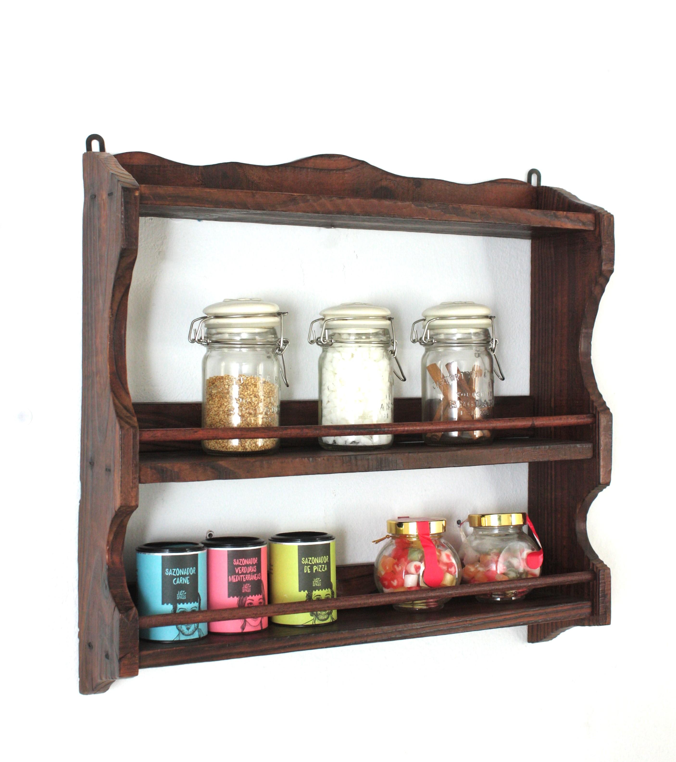 Carved Spanish Colonial Wood Spice Rack Wall Shelf, 1940s For Sale