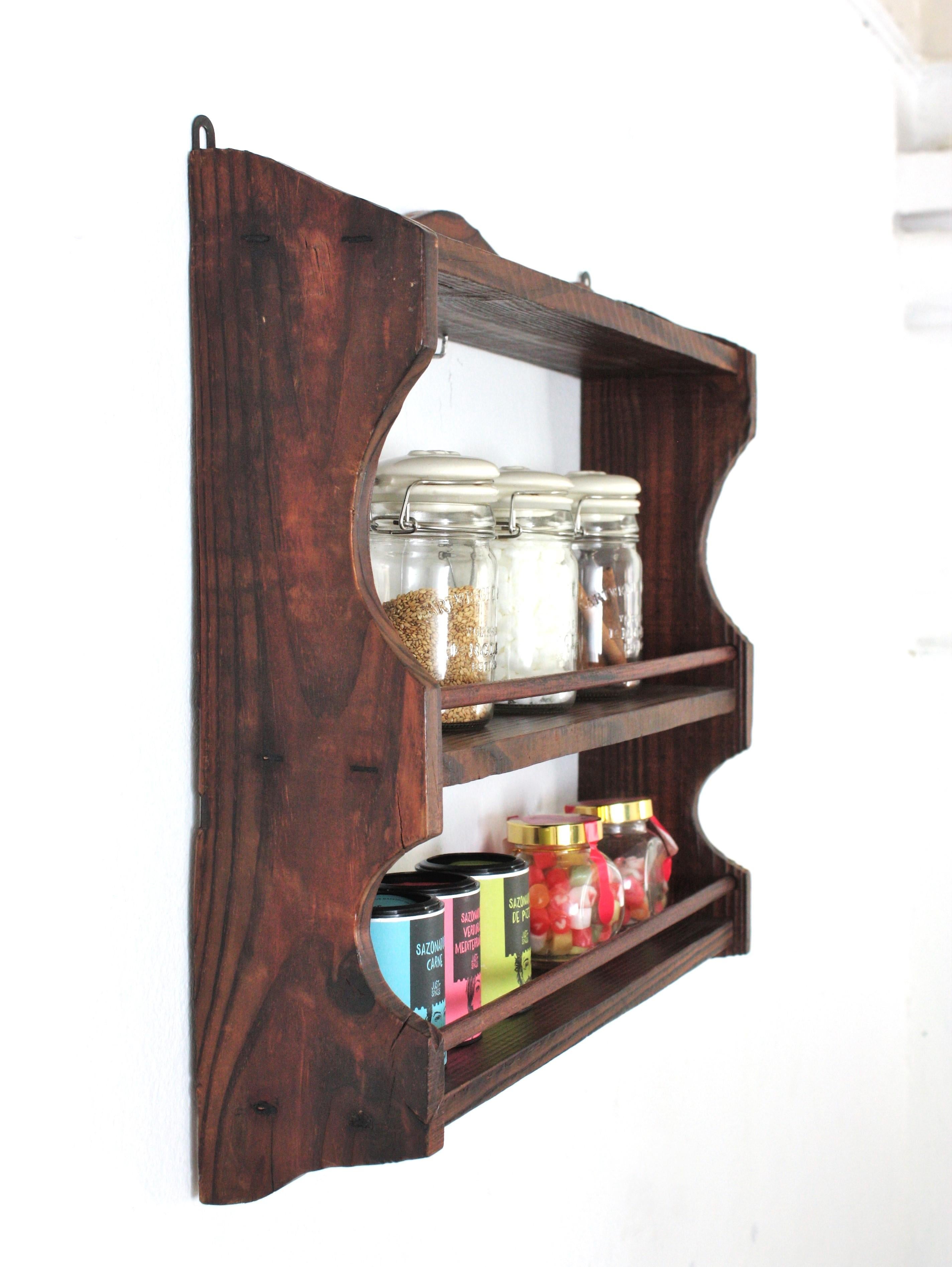20th Century Spanish Colonial Wood Spice Rack Wall Shelf, 1940s For Sale