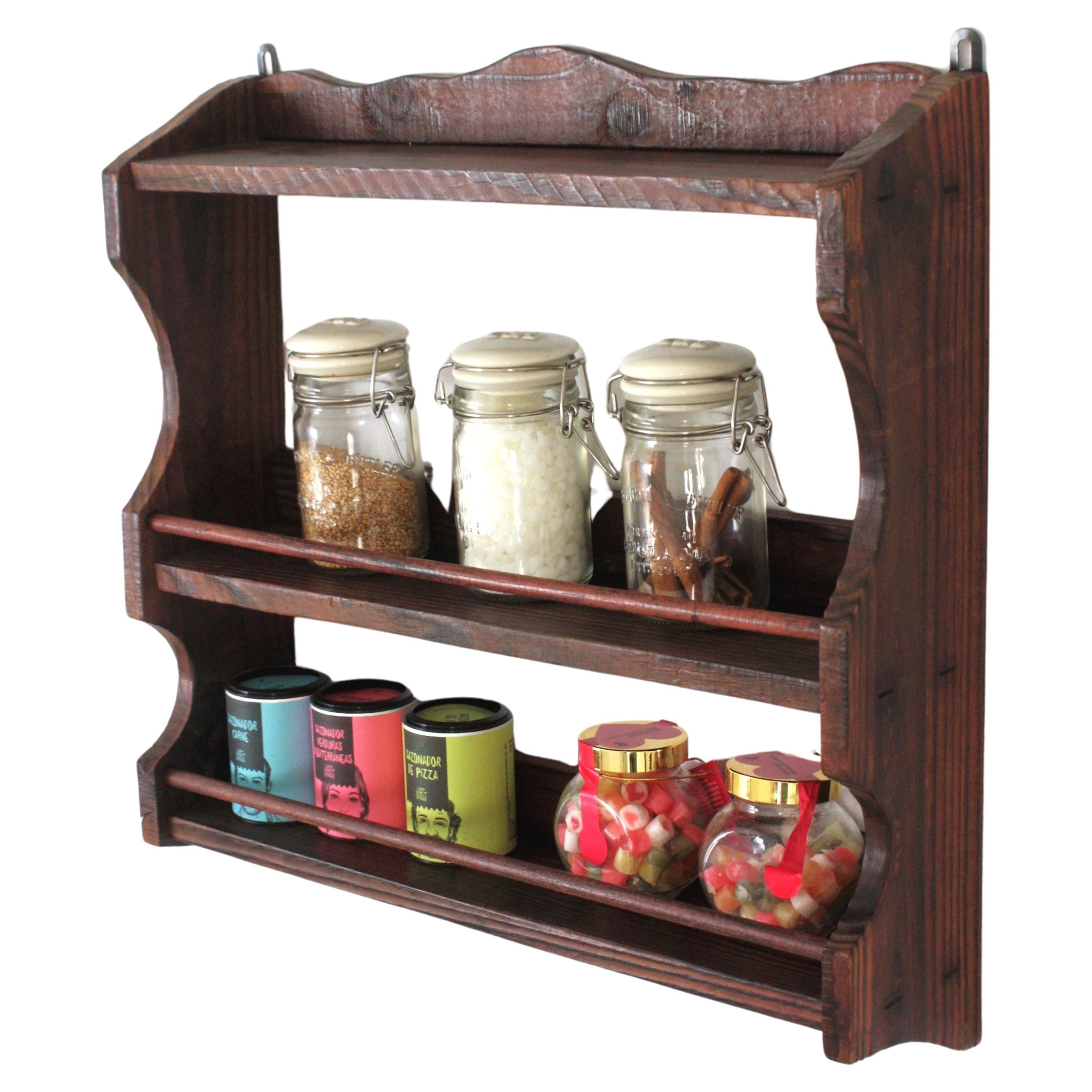 Spanish Colonial Wood Spice Rack Wall Shelf, 1940s For Sale
