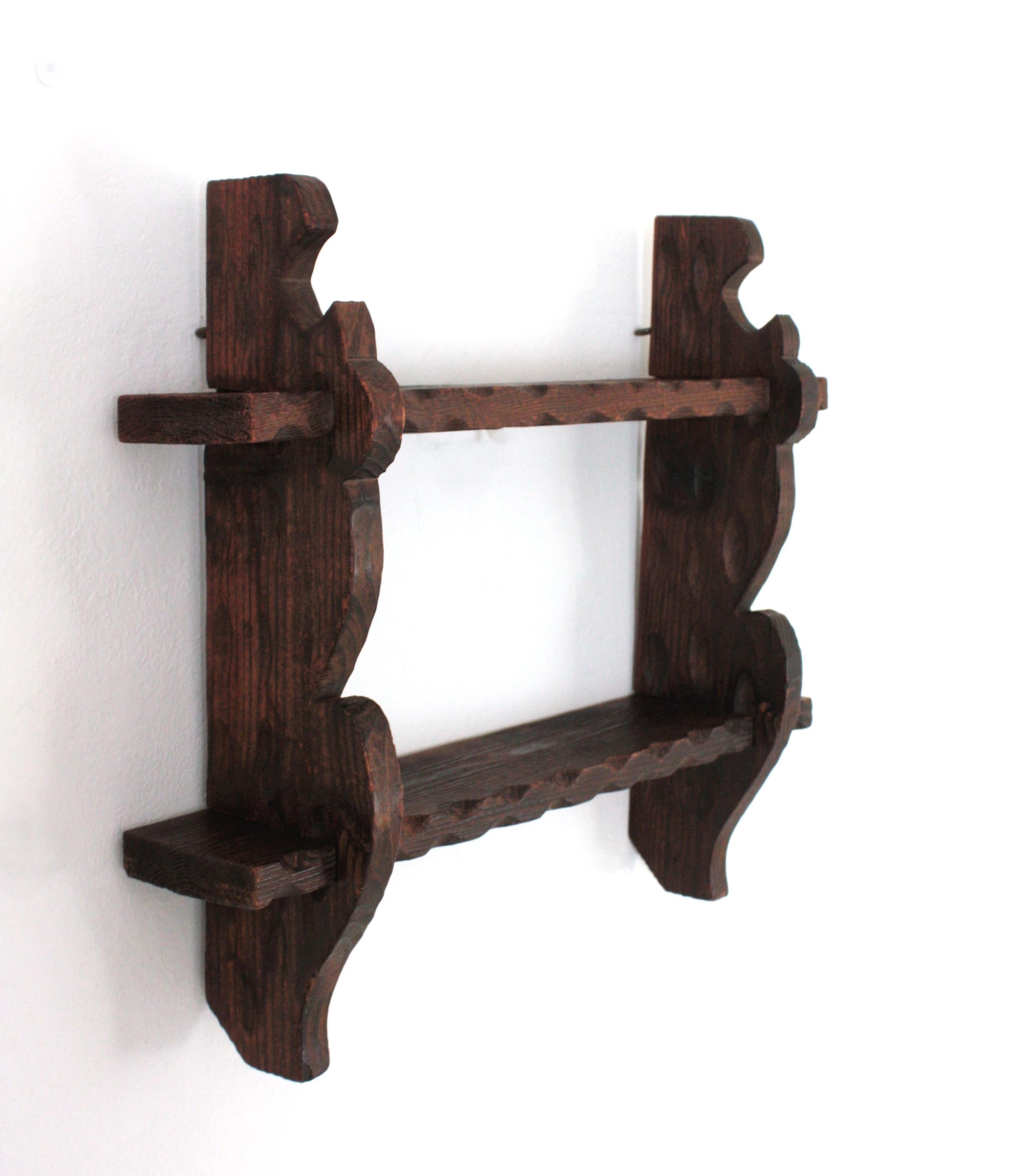 Carved Spanish Colonial Wood Wall Shelf Spice Rack, 1940s For Sale